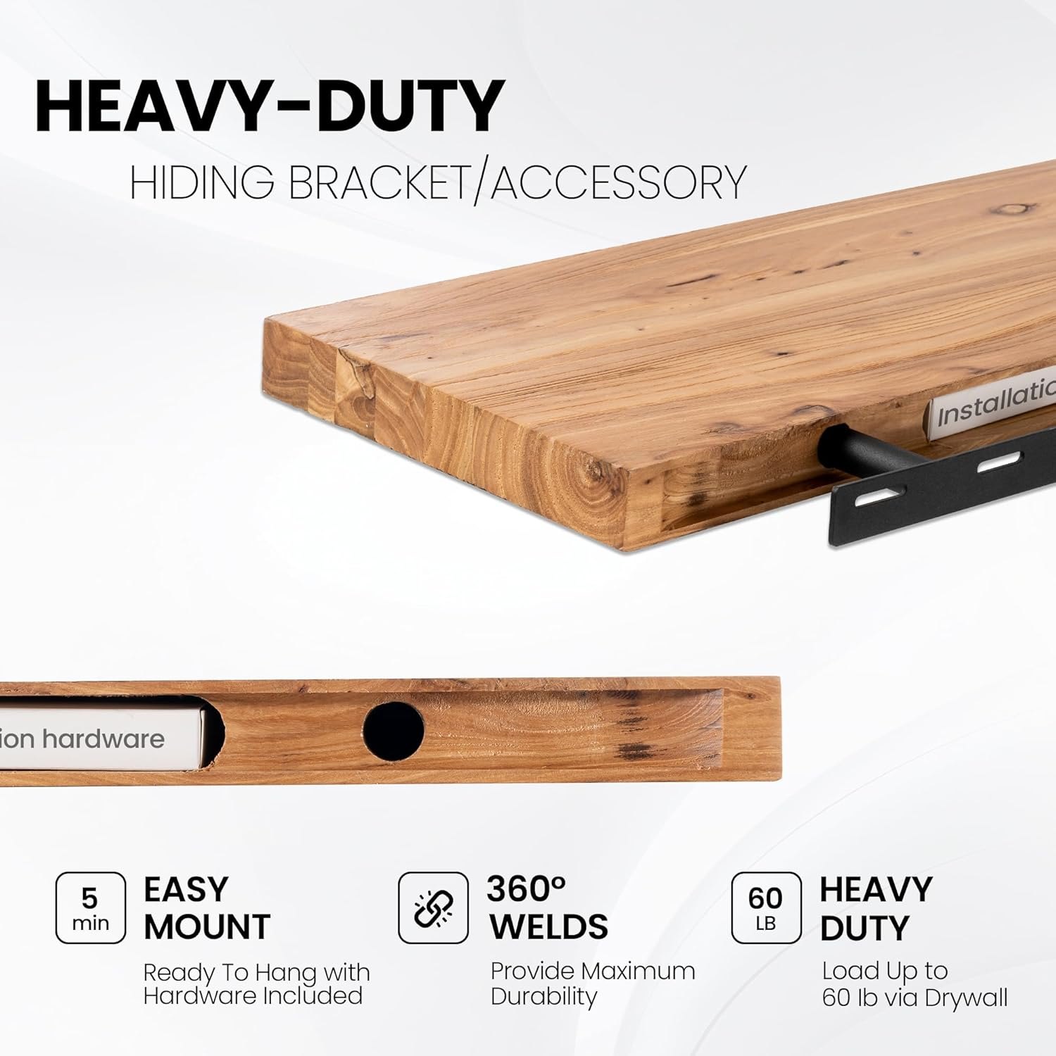Fun Memories Floating Shelves for Wall, 24"x9.3" Rustic Solid Elm Wood Shelves, Heavy-Duty Wall Mounted Shelves with Invisible Brackets, Set of 2 for Living Room, Bedroom, Kitchen, Natural Finish Natural Finish Flat Edge, 24"W, 2Packs — photo 3