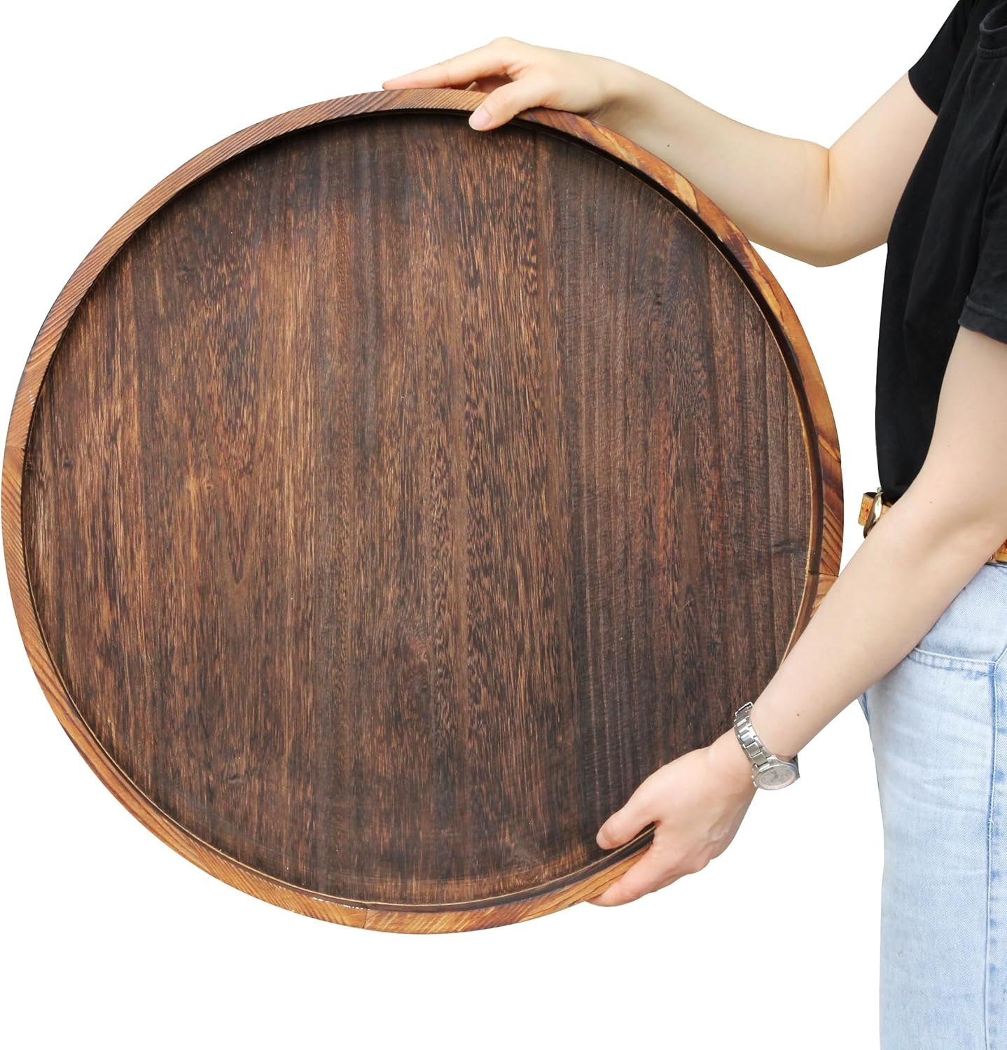 Extra Large Round Ottoman Table Tray Round-24 - Rustic Wooden Serving Tray for Farmhouse Decorative Oversized Coffee Table Trays Living Room Kitchen Counter Breakfast Brown 24" Brown Item Location: NSH-BACKWALL-09-01 — photo 3