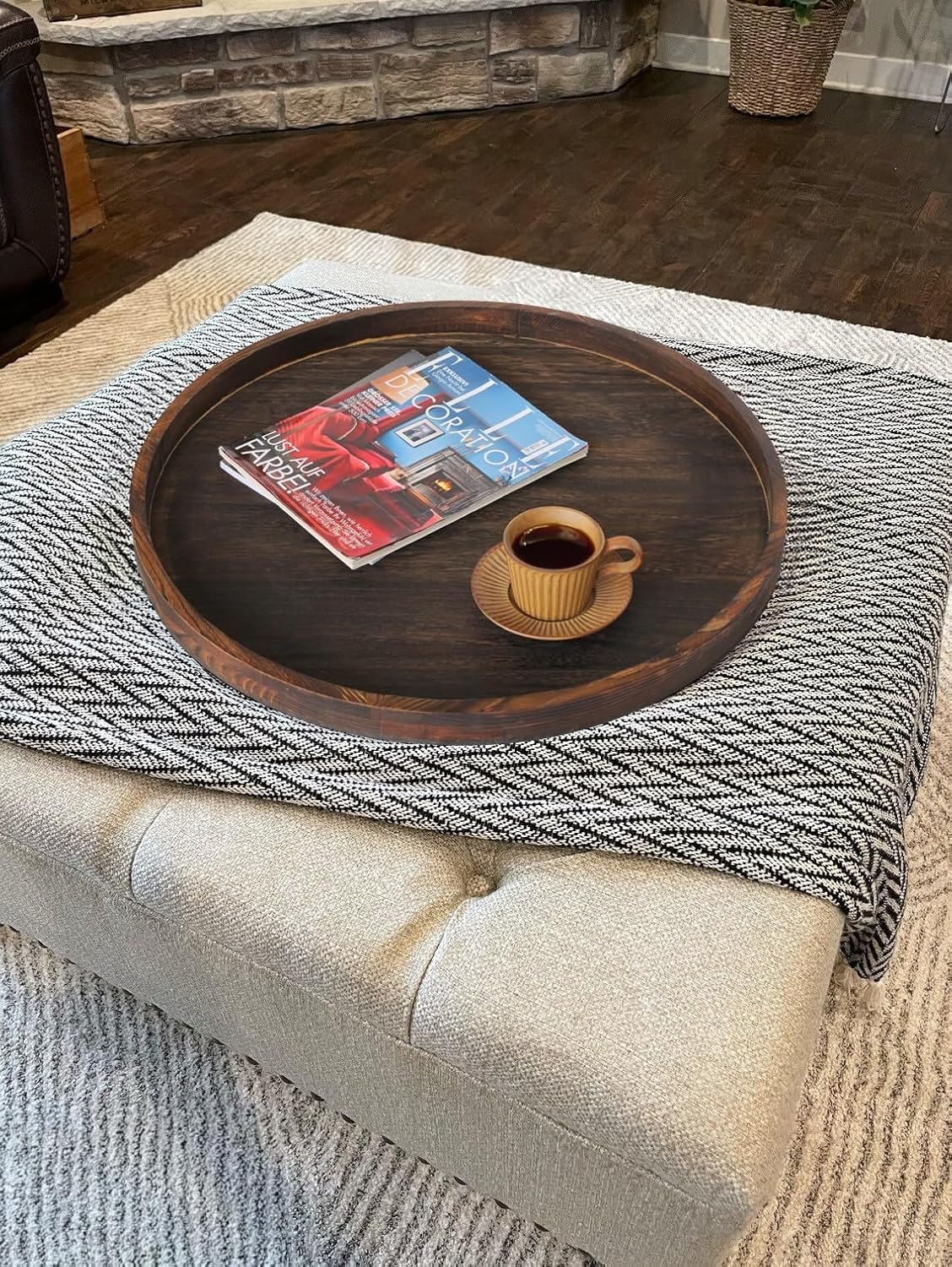 Extra Large Round Ottoman Table Tray Round-24 - Rustic Wooden Serving Tray for Farmhouse Decorative Oversized Coffee Table Trays Living Room Kitchen Counter Breakfast Brown 24" Brown Item Location: NSH-BACKWALL-09-01 — photo 5