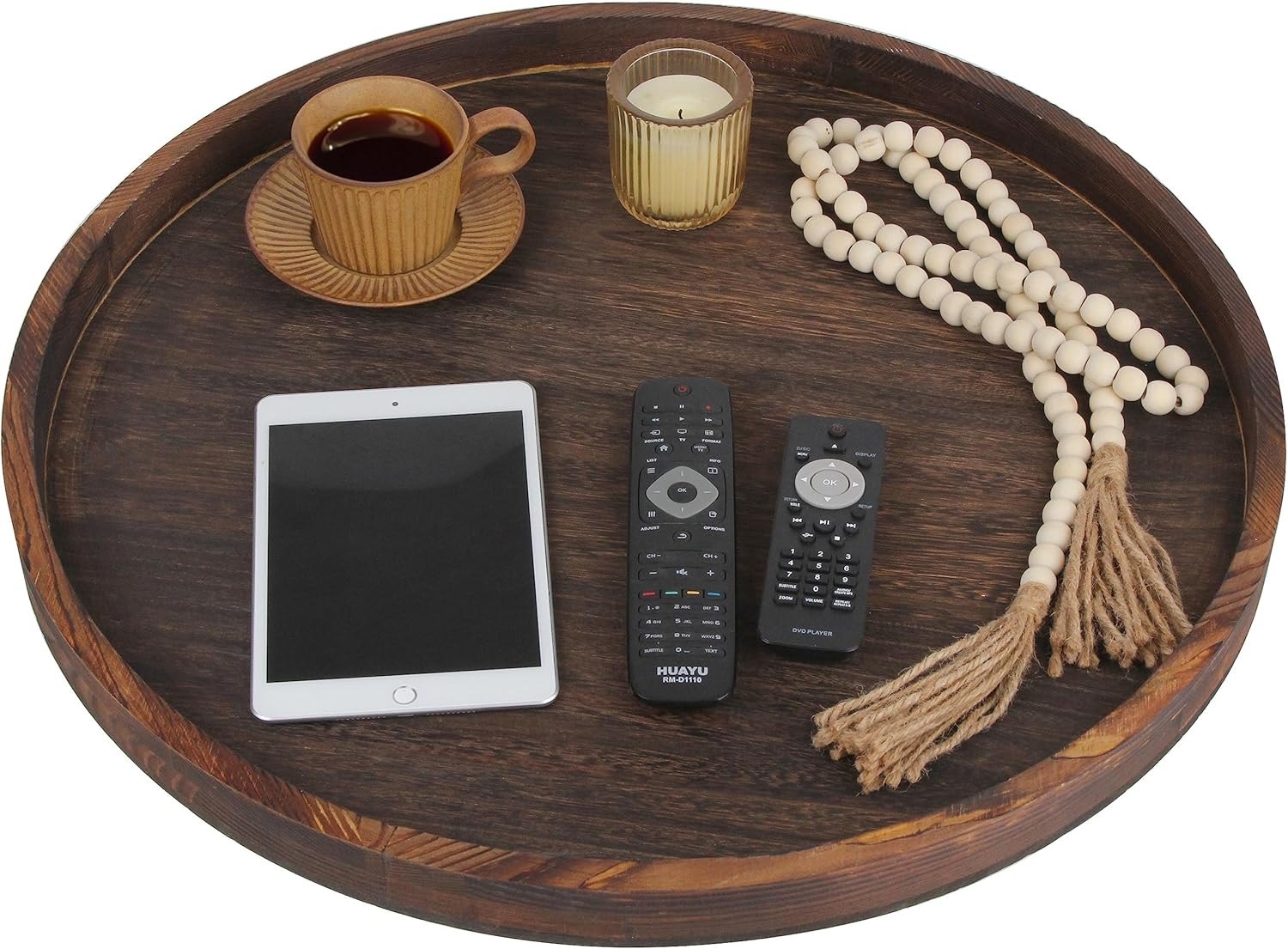 Extra Large Round Ottoman Table Tray Round-24 - Rustic Wooden Serving Tray for Farmhouse Decorative Oversized Coffee Table Trays Living Room Kitchen Counter Breakfast Brown 24" Brown Item Location: NSH-BACKWALL-09-01 — photo 7