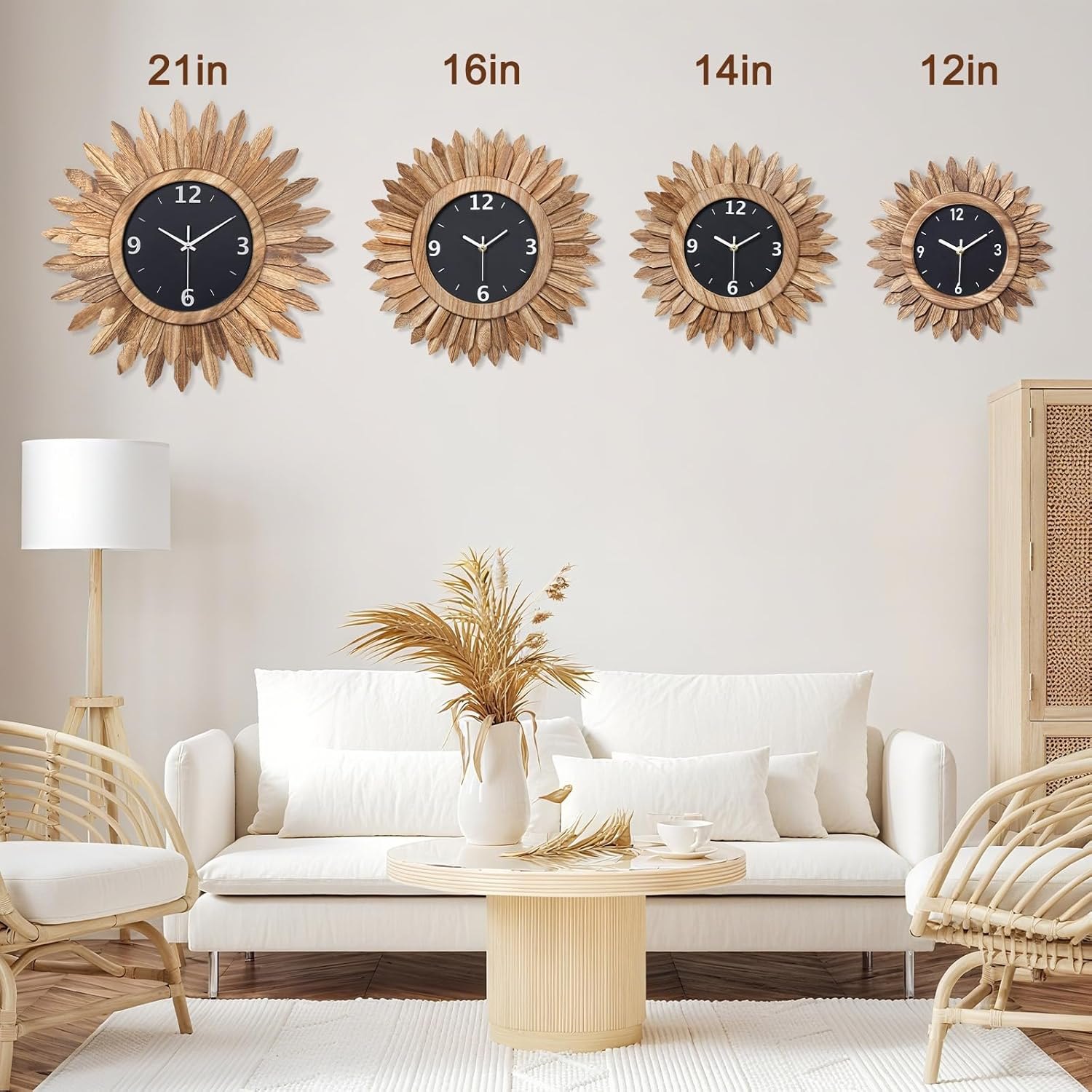 Honiway 14 Inch Wall Clock, Rustic Wood Boho Sunburst Decorative Wall Clocks Battery Operated Silent Non Ticking Farmhouse Small Wall Clocks for Living Room Kitchen Bedroom Home Decor (Rustic Brown) Rustic Brown 14 inch Item Location: NSH-18-05-01 — photo 2