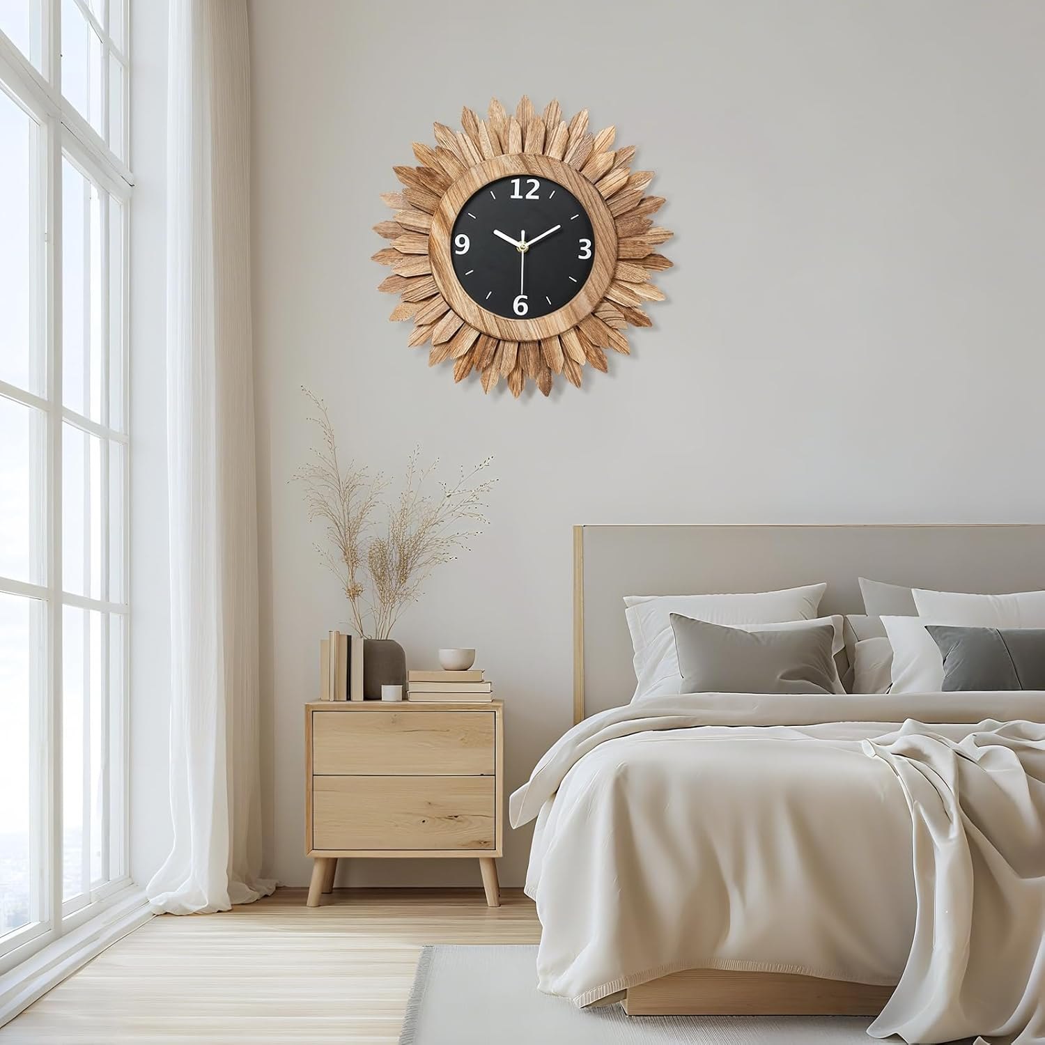 Honiway 14 Inch Wall Clock, Rustic Wood Boho Sunburst Decorative Wall Clocks Battery Operated Silent Non Ticking Farmhouse Small Wall Clocks for Living Room Kitchen Bedroom Home Decor (Rustic Brown) Rustic Brown 14 inch Item Location: NSH-18-05-01 — photo 3