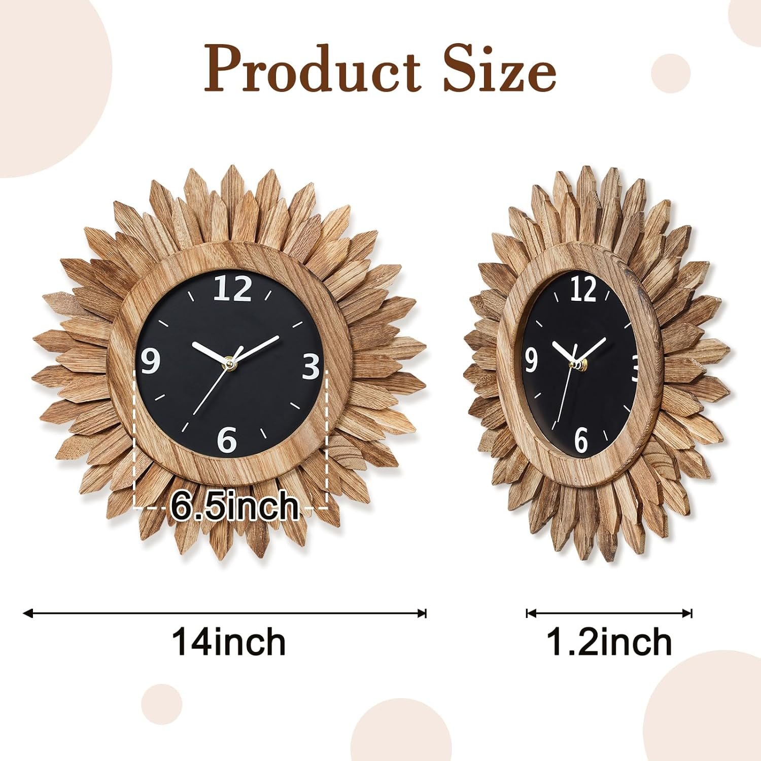 Honiway 14 Inch Wall Clock, Rustic Wood Boho Sunburst Decorative Wall Clocks Battery Operated Silent Non Ticking Farmhouse Small Wall Clocks for Living Room Kitchen Bedroom Home Decor (Rustic Brown) Rustic Brown 14 inch Item Location: NSH-18-05-01 — photo 5
