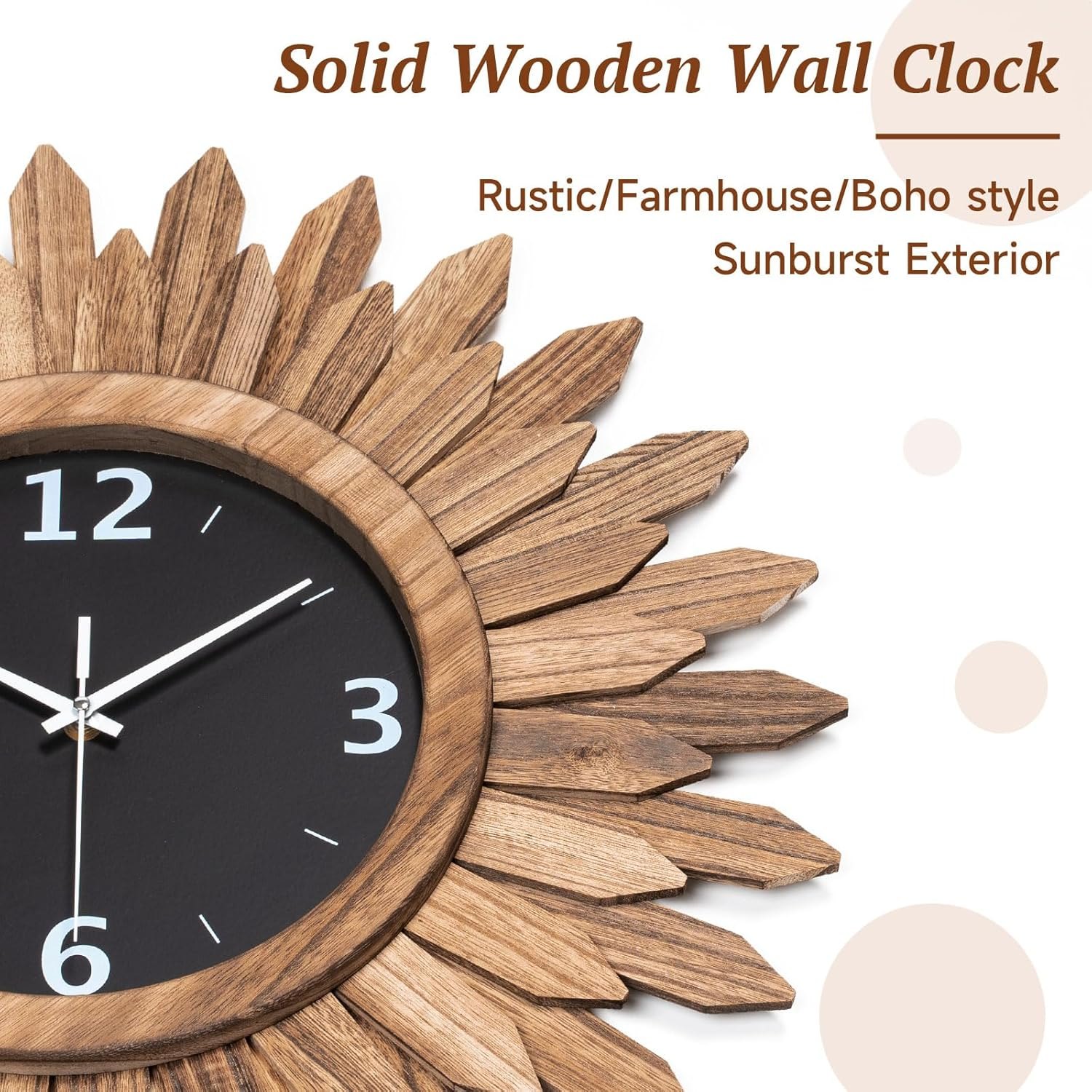 Honiway 14 Inch Wall Clock, Rustic Wood Boho Sunburst Decorative Wall Clocks Battery Operated Silent Non Ticking Farmhouse Small Wall Clocks for Living Room Kitchen Bedroom Home Decor (Rustic Brown) Rustic Brown 14 inch Item Location: NSH-18-05-01 — photo 6