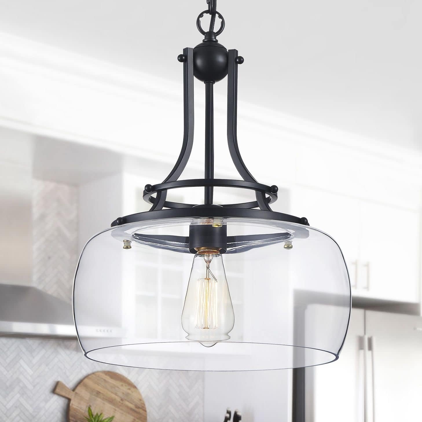WUZUPS Chandelier Rustic Farmhouse Industrial Round Ceiling Pendant LED Light Fixture with Clear Glass Shades for Dining Room Kitchen Island Foyer Entryway, H 17" x W 13.4", E26 Base, Black Pendant Light, Black Item Location: NSH-BACKWALL-13-01