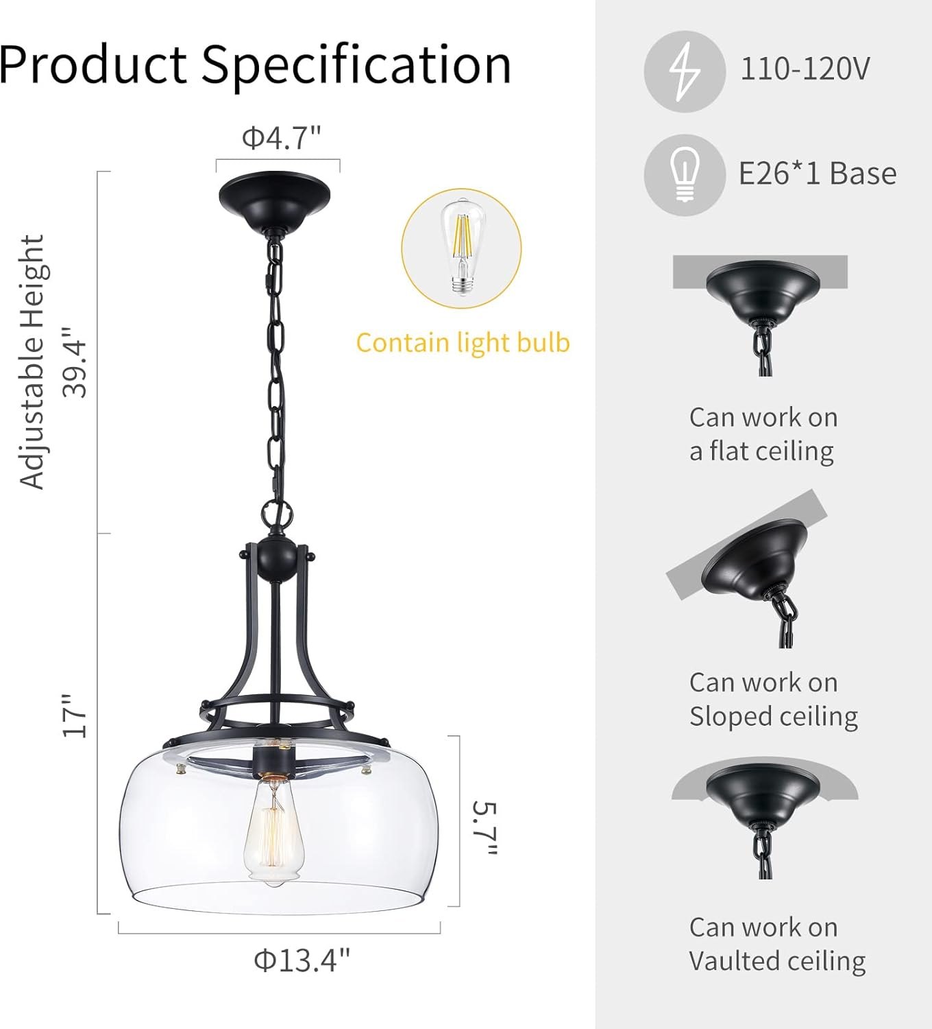 WUZUPS Chandelier Rustic Farmhouse Industrial Round Ceiling Pendant LED Light Fixture with Clear Glass Shades for Dining Room Kitchen Island Foyer Entryway, H 17" x W 13.4", E26 Base, Black Pendant Light, Black Item Location: NSH-BACKWALL-13-01 — photo 2