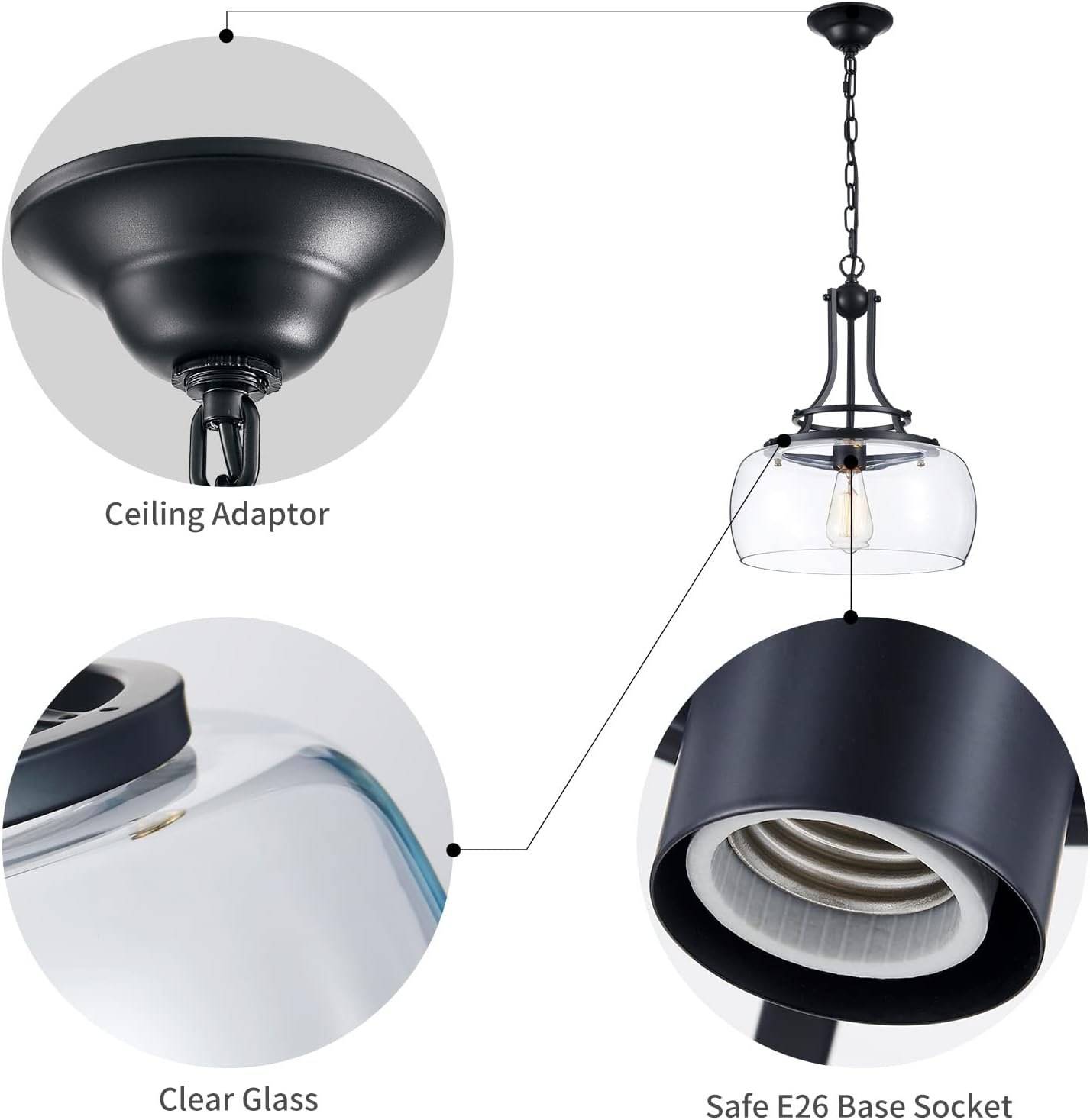 WUZUPS Chandelier Rustic Farmhouse Industrial Round Ceiling Pendant LED Light Fixture with Clear Glass Shades for Dining Room Kitchen Island Foyer Entryway, H 17" x W 13.4", E26 Base, Black Pendant Light, Black Item Location: NSH-BACKWALL-13-01 — photo 3