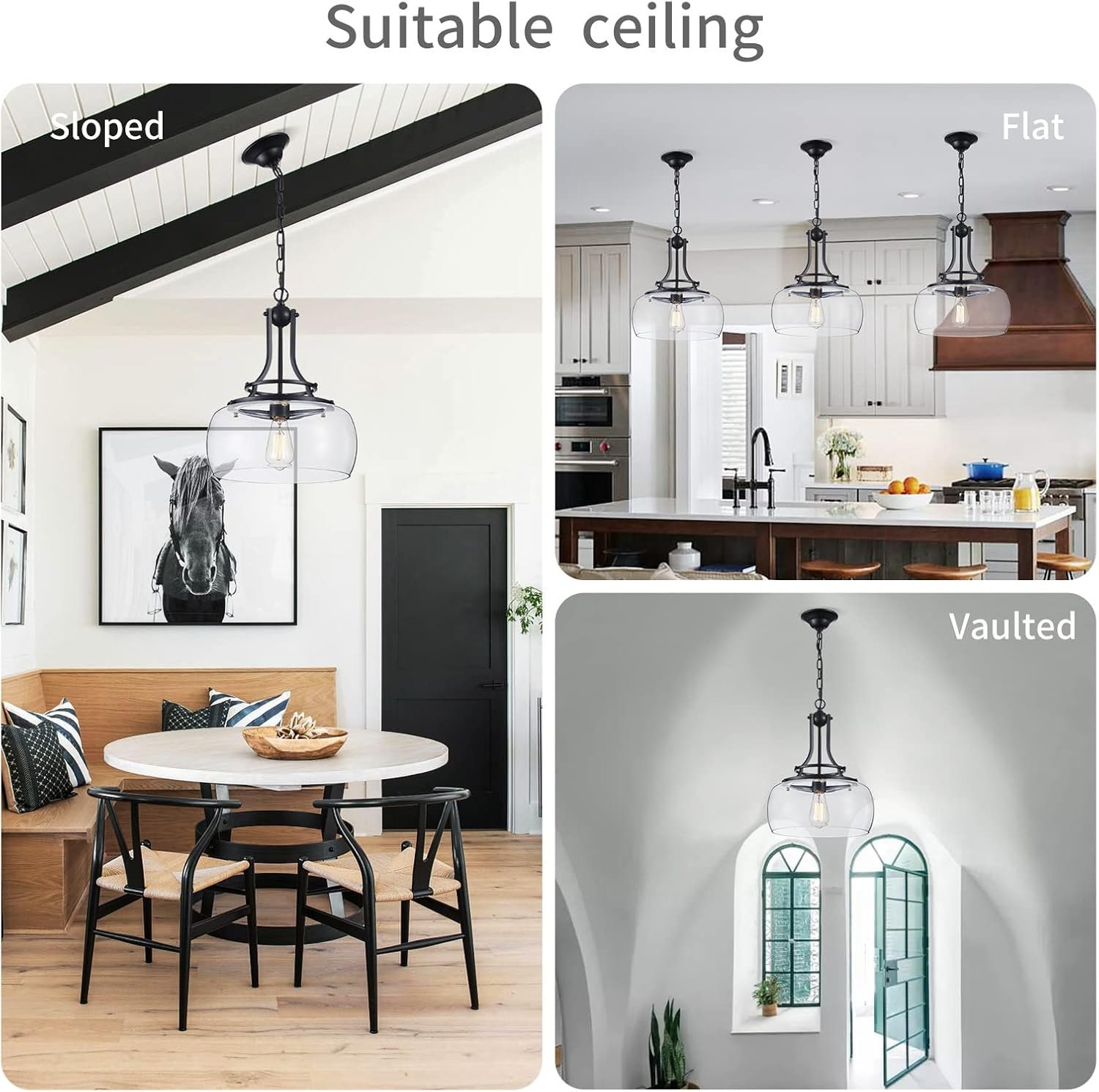 WUZUPS Chandelier Rustic Farmhouse Industrial Round Ceiling Pendant LED Light Fixture with Clear Glass Shades for Dining Room Kitchen Island Foyer Entryway, H 17" x W 13.4", E26 Base, Black Pendant Light, Black Item Location: NSH-BACKWALL-13-01 — photo 6