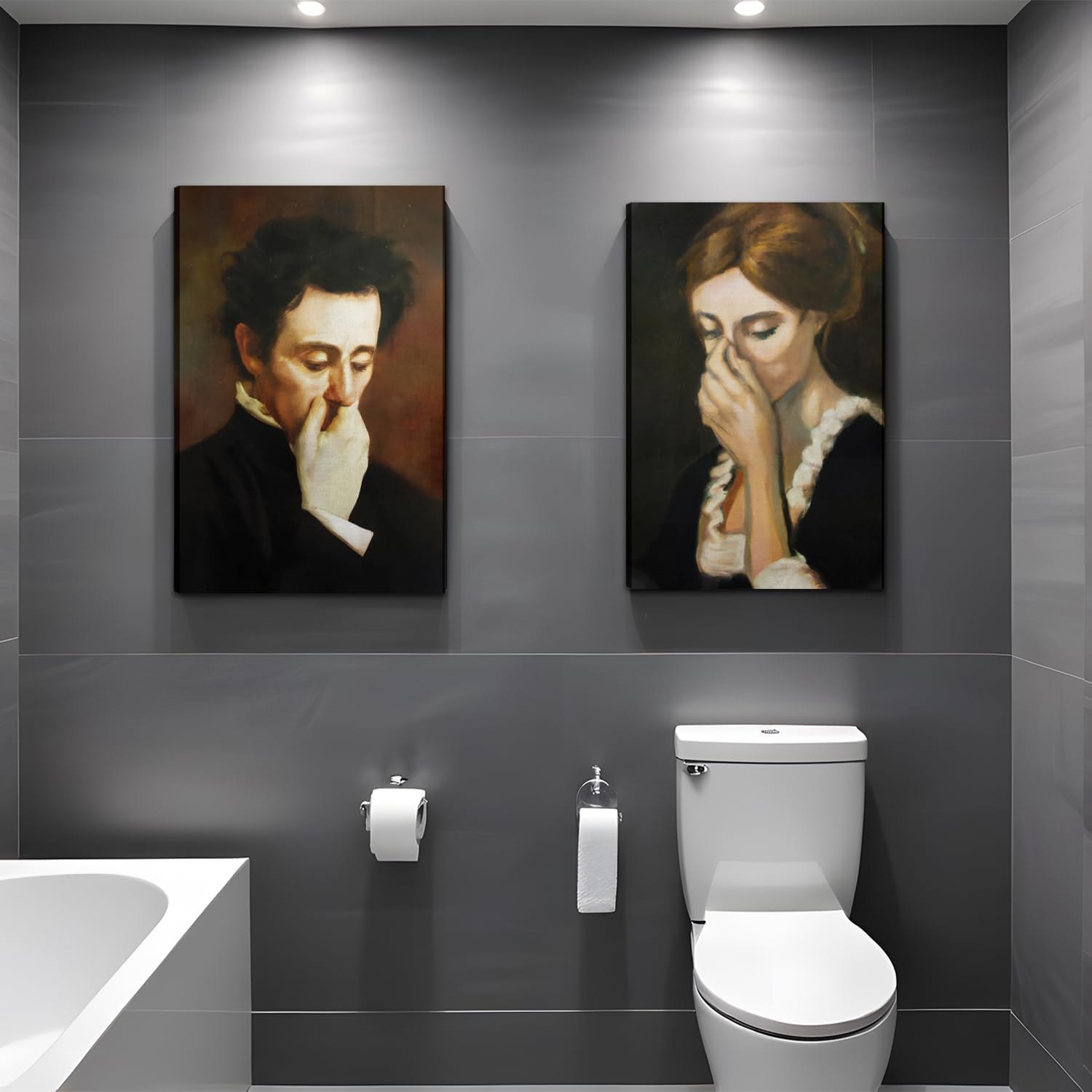 MUWAK Funny Bathroom Wall Art Set of 2 - Black Humour Unpleasant Smell Cover Nose Pictures Prints, Bathroom Paintings for Wall Decor Room Decor, Restroom, Bathroom Decor - Framed 16x24 in Humor Style - A 24L" x 16W" Item Location: NSH-12-29-03 — photo 2