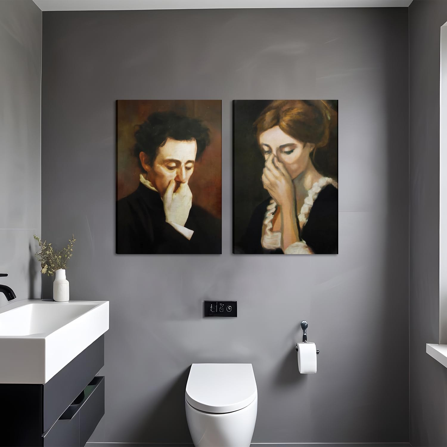 MUWAK Funny Bathroom Wall Art Set of 2 - Black Humour Unpleasant Smell Cover Nose Pictures Prints, Bathroom Paintings for Wall Decor Room Decor, Restroom, Bathroom Decor - Framed 16x24 in Humor Style - A 24L" x 16W" Item Location: NSH-12-29-03 — photo 4