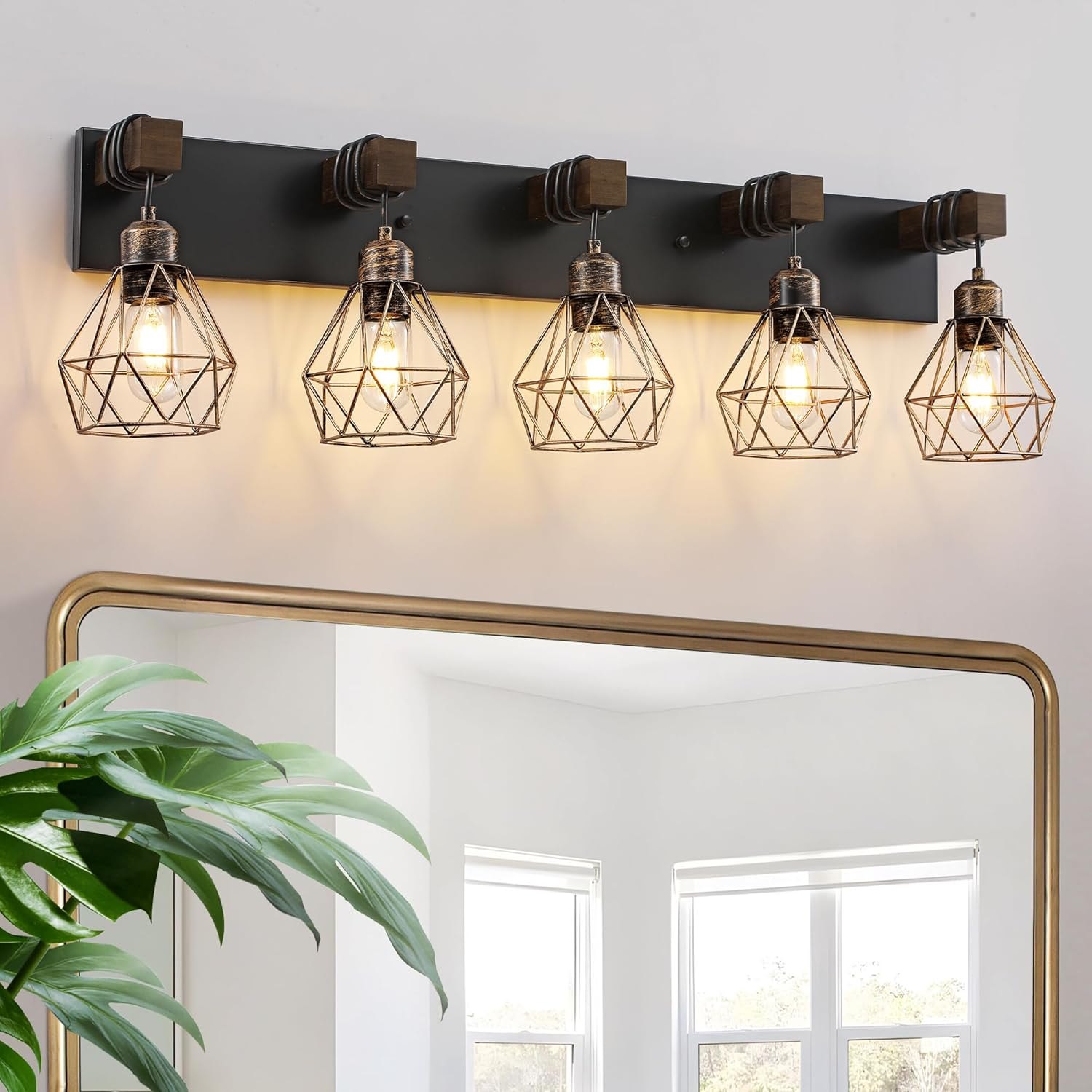 Farmhouse Bathroom Vanity Light Fixtures, 5-Light Wood Bathroom Light Fixtures Over Mirror, Rustic Sconces Wall Lighting with Elegant Metal Lampshade for Living Room, Bedroom, Hallway Black Gold 5 Lights Item Location: NSH-14-17-01