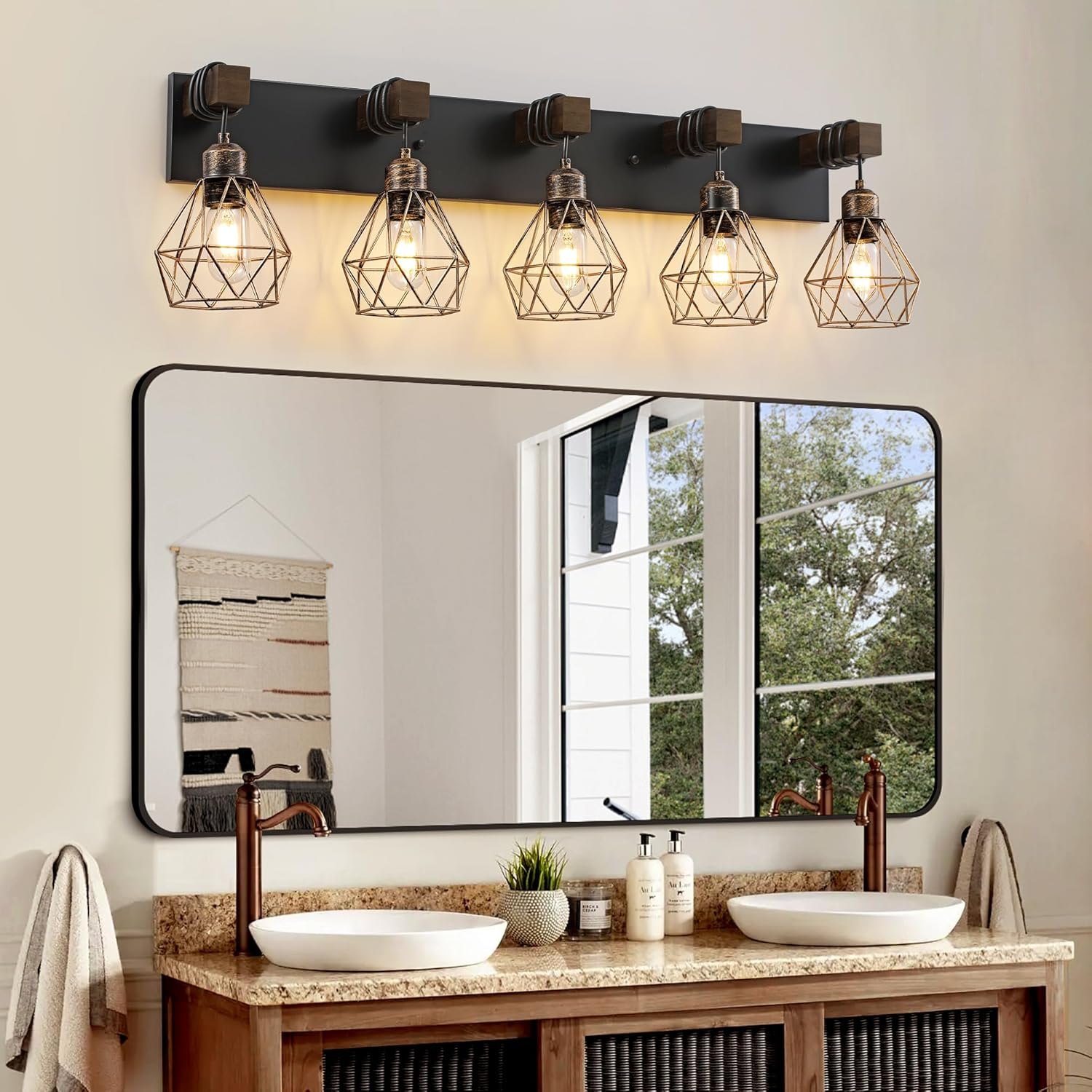 Farmhouse Bathroom Vanity Light Fixtures, 5-Light Wood Bathroom Light Fixtures Over Mirror, Rustic Sconces Wall Lighting with Elegant Metal Lampshade for Living Room, Bedroom, Hallway Black Gold 5 Lights Item Location: NSH-14-17-01 — photo 2