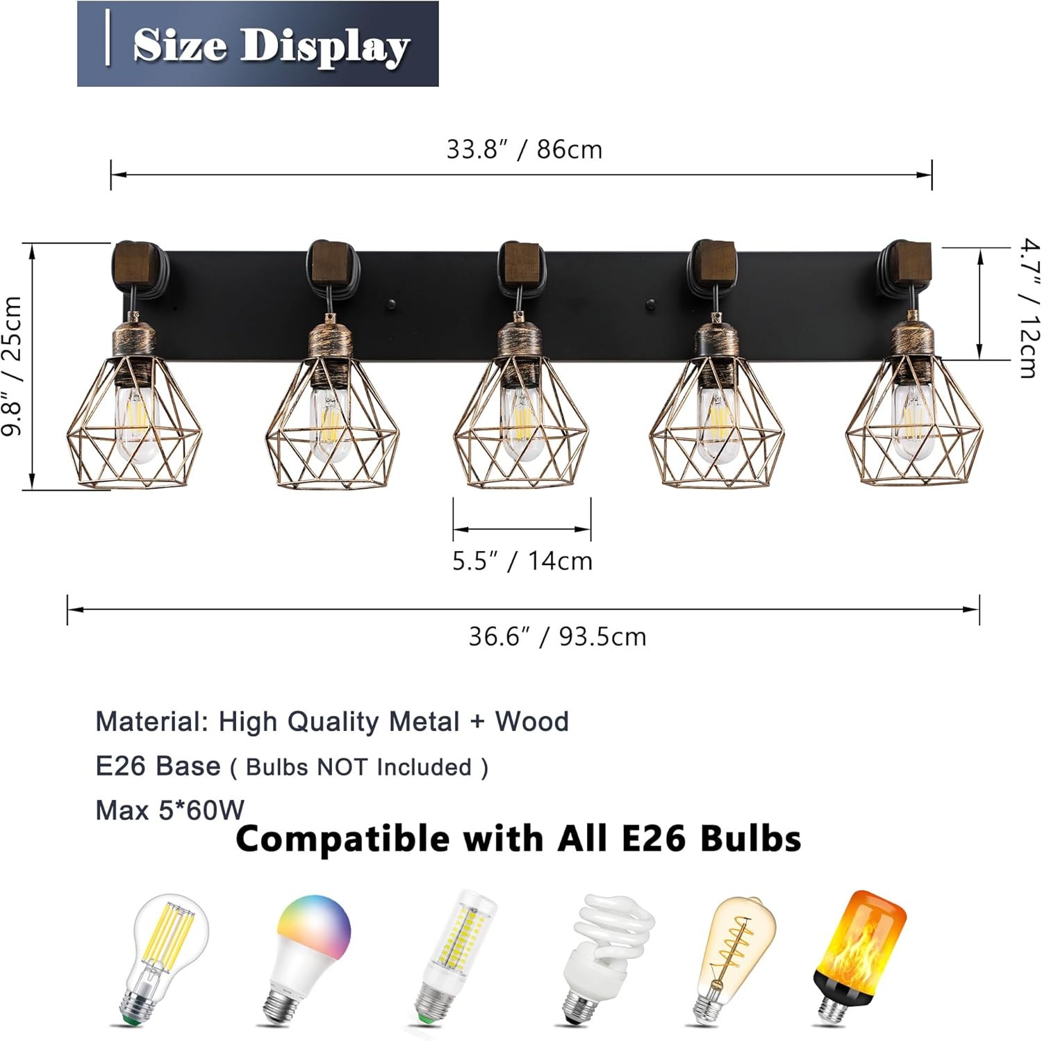 Farmhouse Bathroom Vanity Light Fixtures, 5-Light Wood Bathroom Light Fixtures Over Mirror, Rustic Sconces Wall Lighting with Elegant Metal Lampshade for Living Room, Bedroom, Hallway Black Gold 5 Lights Item Location: NSH-14-17-01 — photo 3