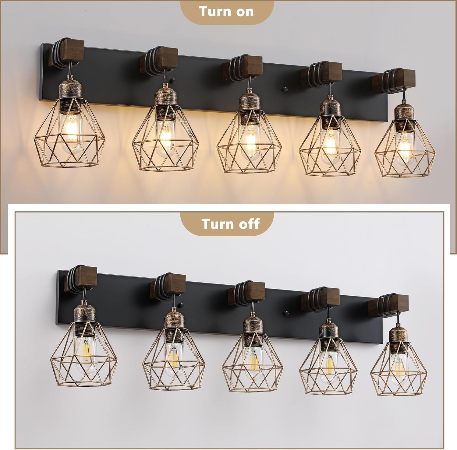 Farmhouse Bathroom Vanity Light Fixtures, 5-Light Wood Bathroom Light Fixtures Over Mirror, Rustic Sconces Wall Lighting with Elegant Metal Lampshade for Living Room, Bedroom, Hallway Black Gold 5 Lights Item Location: NSH-14-17-01 — photo 4