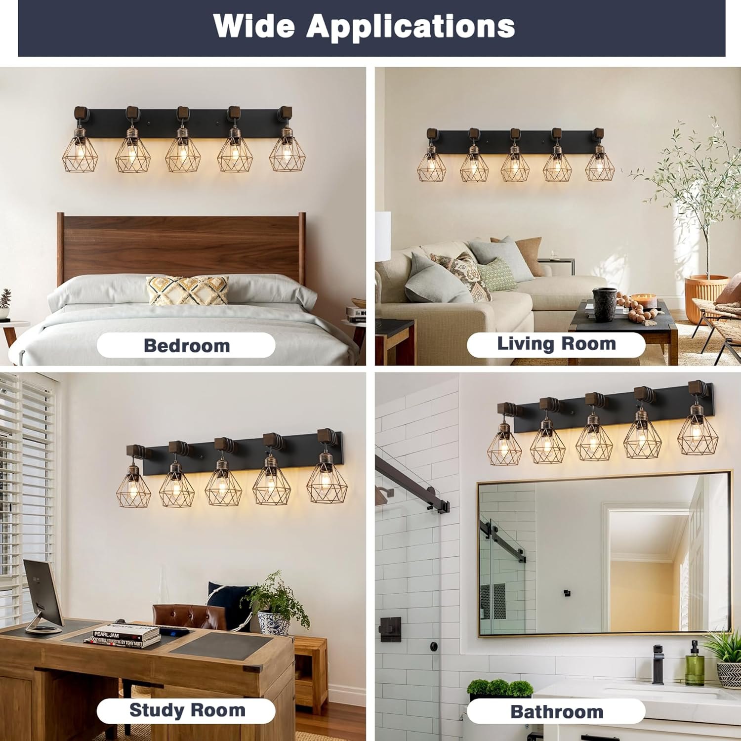 Farmhouse Bathroom Vanity Light Fixtures, 5-Light Wood Bathroom Light Fixtures Over Mirror, Rustic Sconces Wall Lighting with Elegant Metal Lampshade for Living Room, Bedroom, Hallway Black Gold 5 Lights Item Location: NSH-14-17-01 — photo 5