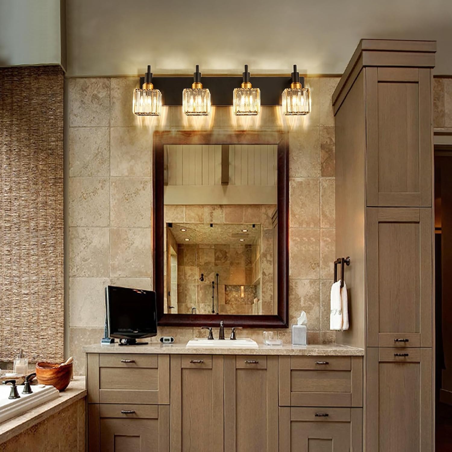 Gold Black Crystal Bathroom Lighting Fixtures, 4 Light Brass Modern Crystal Bathroom Vanity Lights Over Mirror Brass Bath Light Black Gold-Square Shade 4-Light
