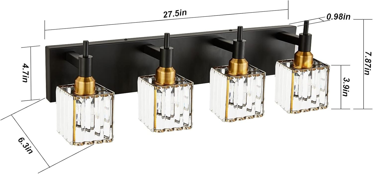 Gold Black Crystal Bathroom Lighting Fixtures, 4 Light Brass Modern Crystal Bathroom Vanity Lights Over Mirror Brass Bath Light Black Gold-Square Shade 4-Light — photo 7