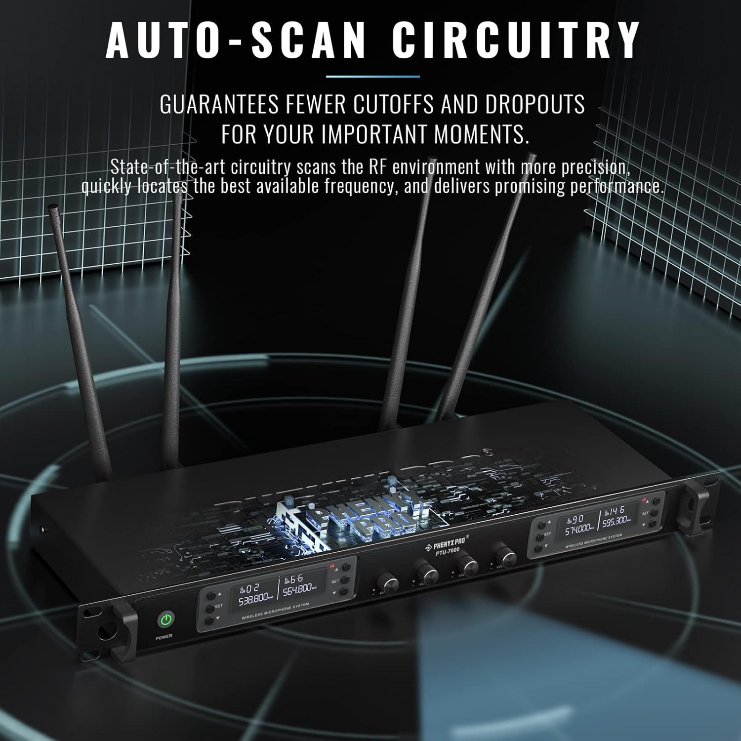 Phenyx Pro Wireless Microphone System, Quad Channel Wireless Mic, w/ 4x40 UHF Frequencies, Auto Scan, 328ft Long Range, 4 Handheld Dynamic Microphone for Singing, Church, Karaoke (PTU- 7000-4H) — photo 4