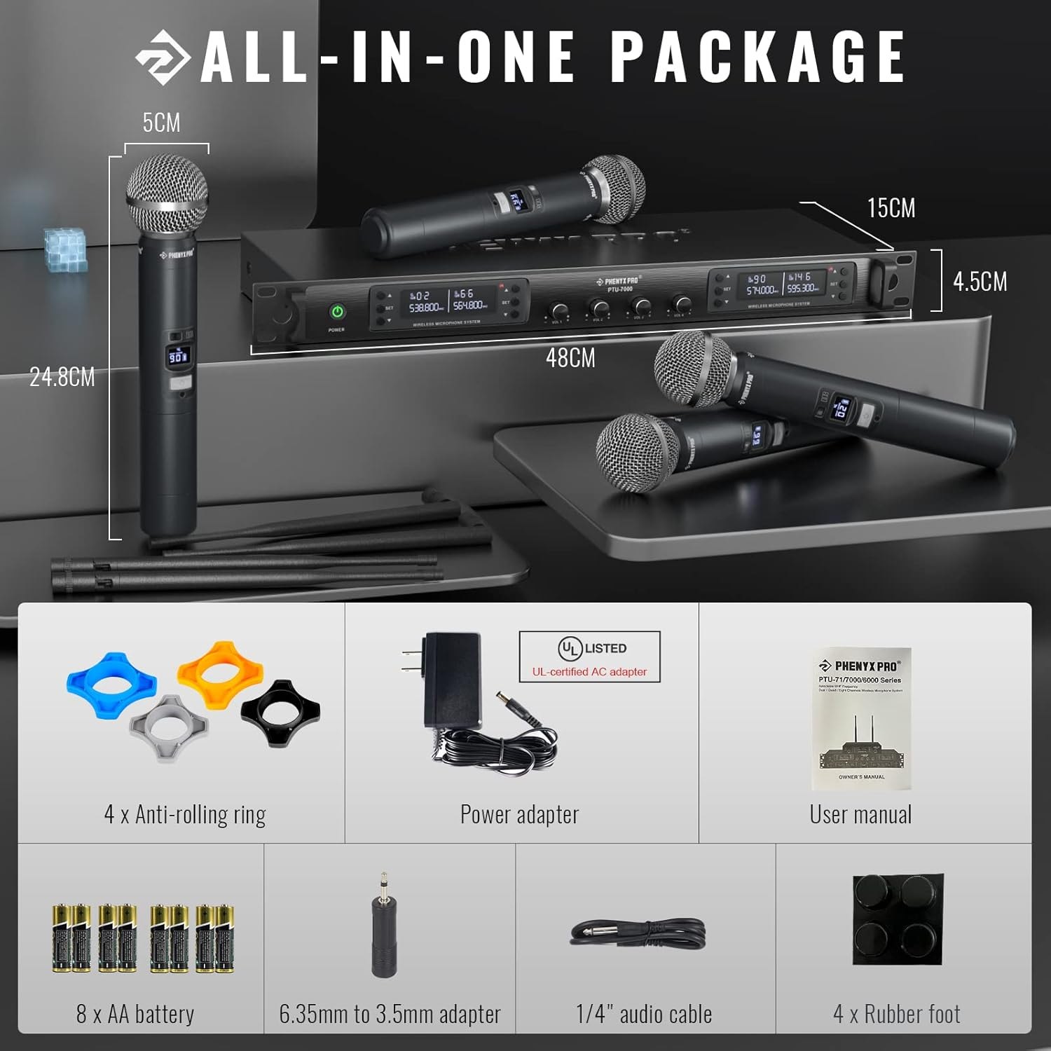 Phenyx Pro Wireless Microphone System, Quad Channel Wireless Mic, w/ 4x40 UHF Frequencies, Auto Scan, 328ft Long Range, 4 Handheld Dynamic Microphone for Singing, Church, Karaoke (PTU- 7000-4H) — photo 5