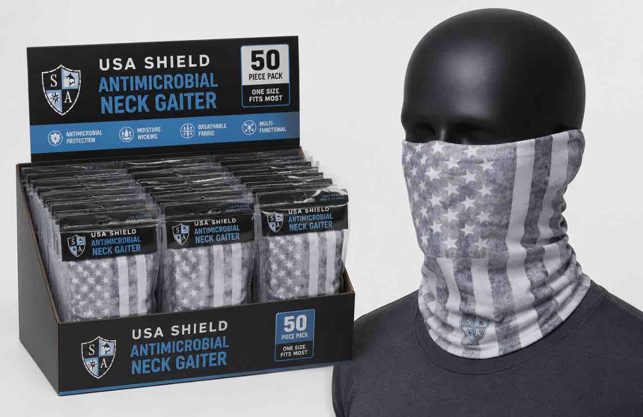 Case of 50 SA Face Mask/ Neck Gaiter Whiteout American Flag PM