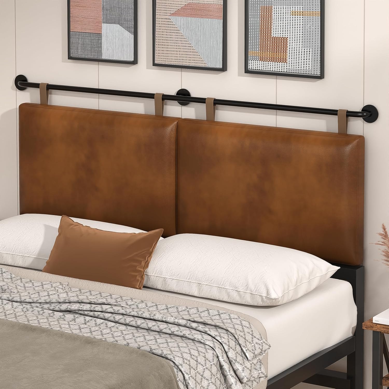 Queen Headboard, Hanging Headboards with Brown Faux Leather Industrial Pipe Modern Style Multifunction Queen Headboard Only for Bed Backboard (Brown Leather, Queen)