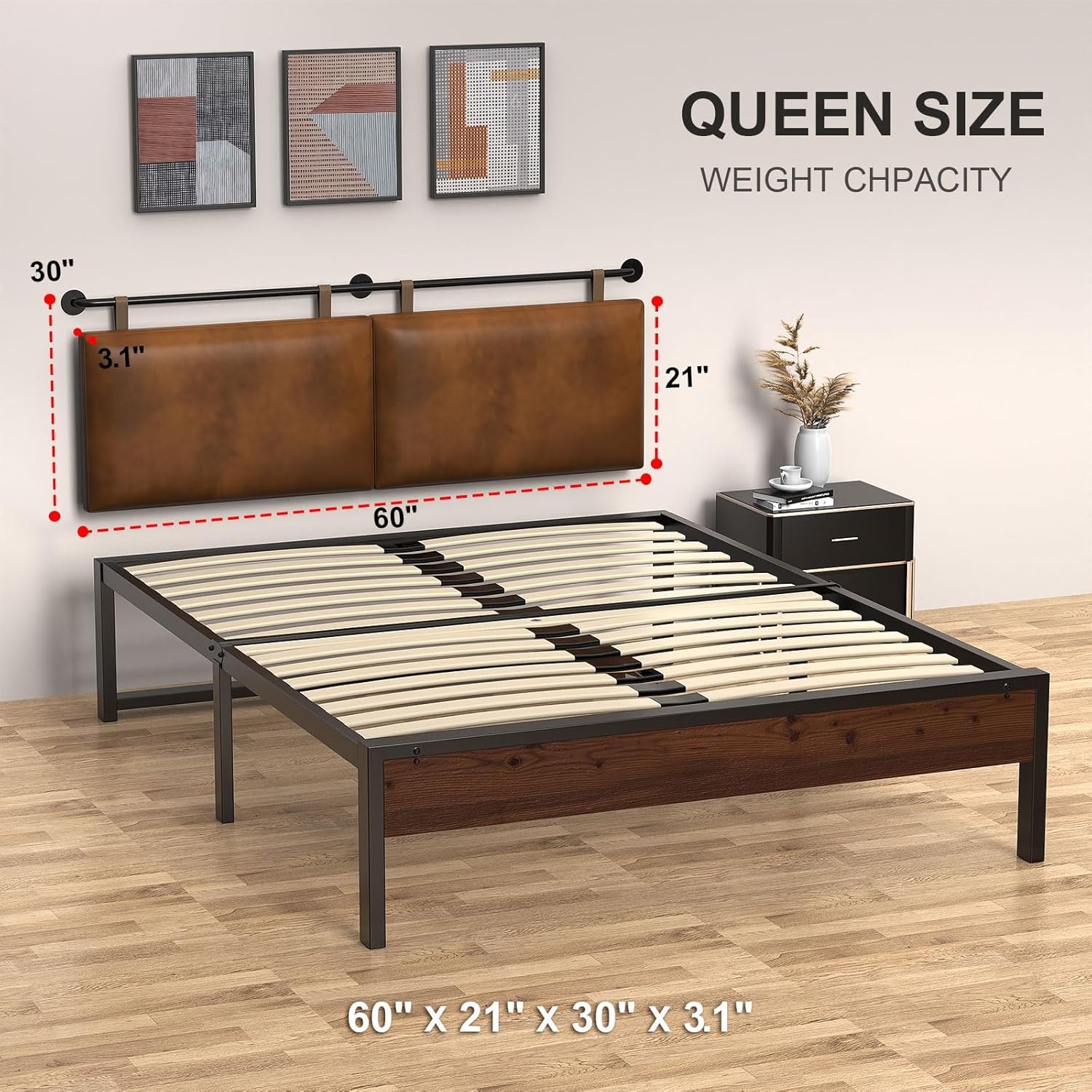 Queen Headboard, Hanging Headboards with Brown Faux Leather Industrial Pipe Modern Style Multifunction Queen Headboard Only for Bed Backboard (Brown Leather, Queen) — photo 2