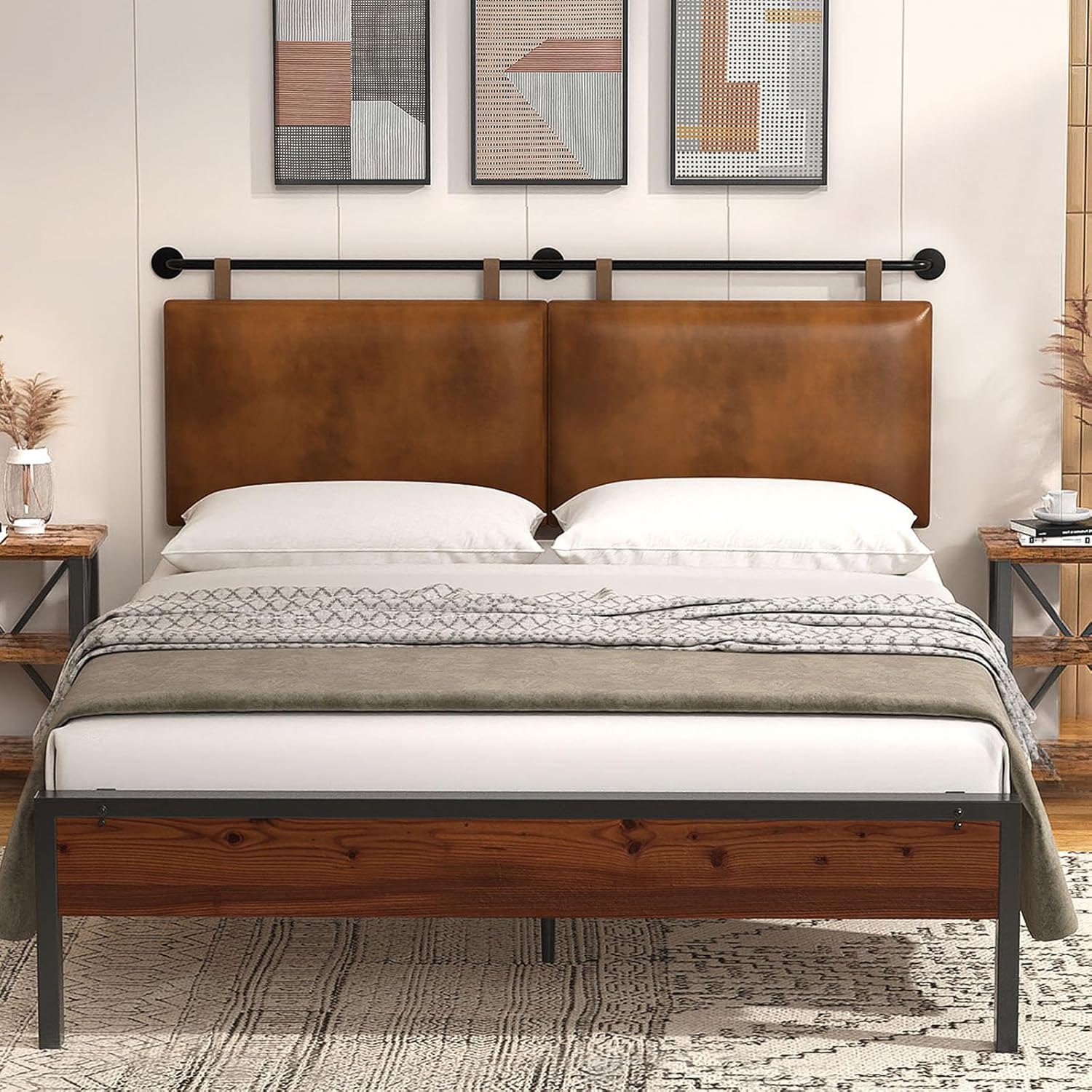 Queen Headboard, Hanging Headboards with Brown Faux Leather Industrial Pipe Modern Style Multifunction Queen Headboard Only for Bed Backboard (Brown Leather, Queen) — photo 3