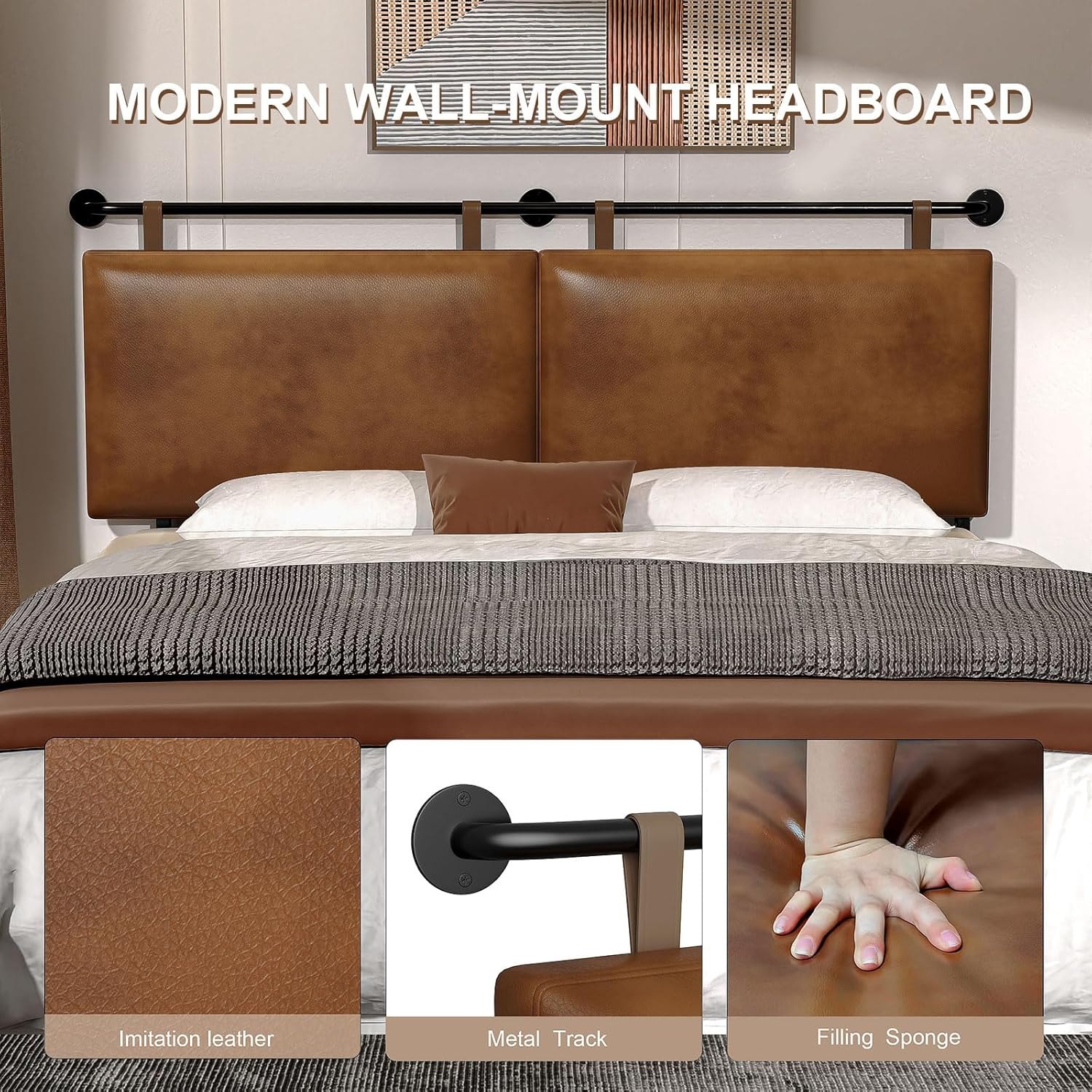 Queen Headboard, Hanging Headboards with Brown Faux Leather Industrial Pipe Modern Style Multifunction Queen Headboard Only for Bed Backboard (Brown Leather, Queen) — photo 4