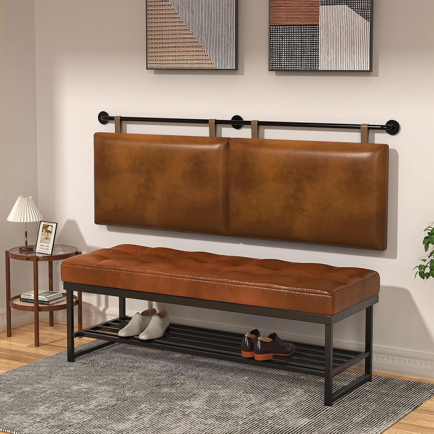 Queen Headboard, Hanging Headboards with Brown Faux Leather Industrial Pipe Modern Style Multifunction Queen Headboard Only for Bed Backboard (Brown Leather, Queen) — photo 5