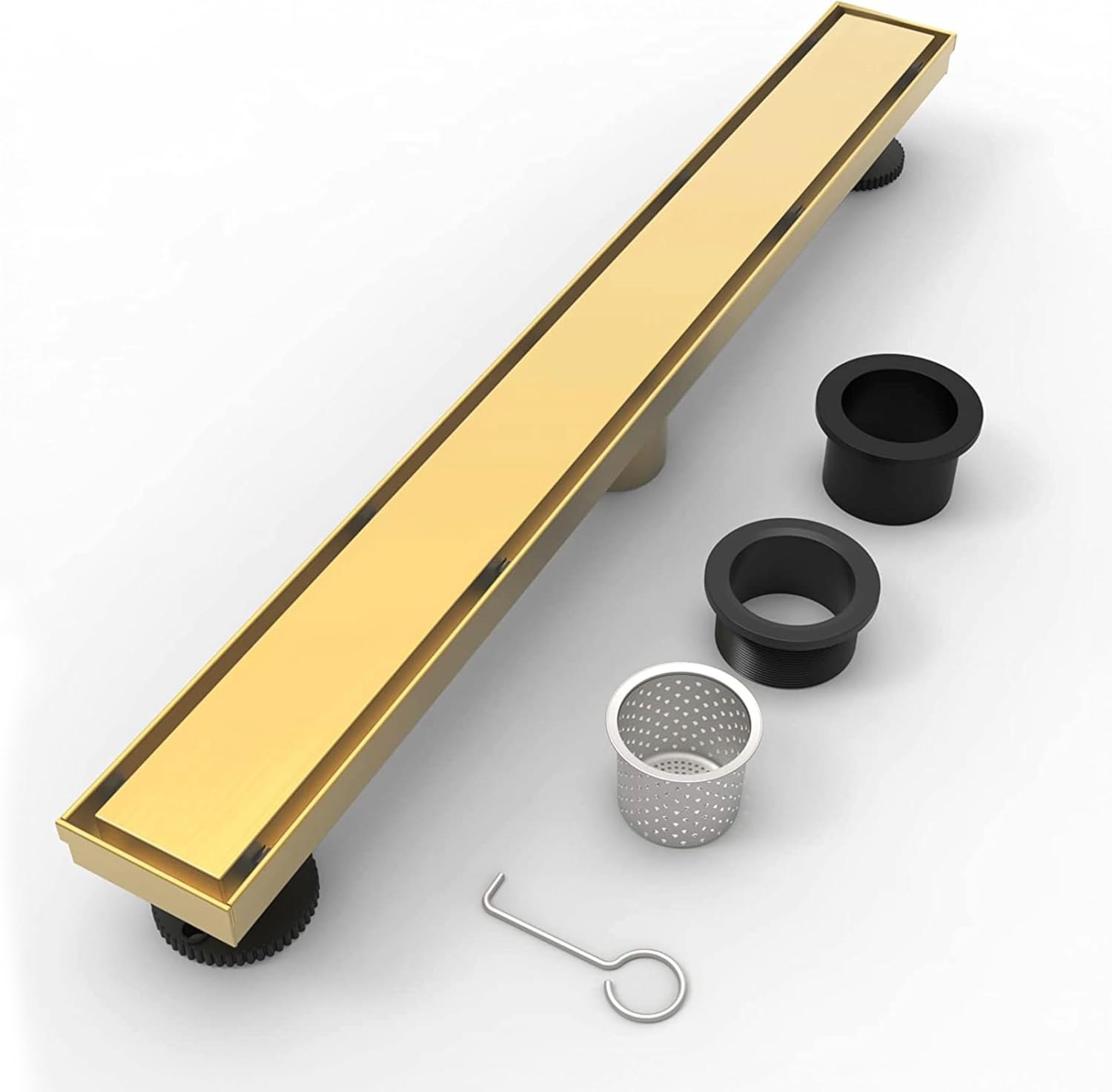 BRUUN 28-inch Gold Brushes Brass Linear Shower Drain with Hair Strainer and Leveling Feet - A 304 Stainless Steel Rectangular and V Shallow profile Super Draining Tool with Removable Tile Insert Grate Gold Brass 28 Inches