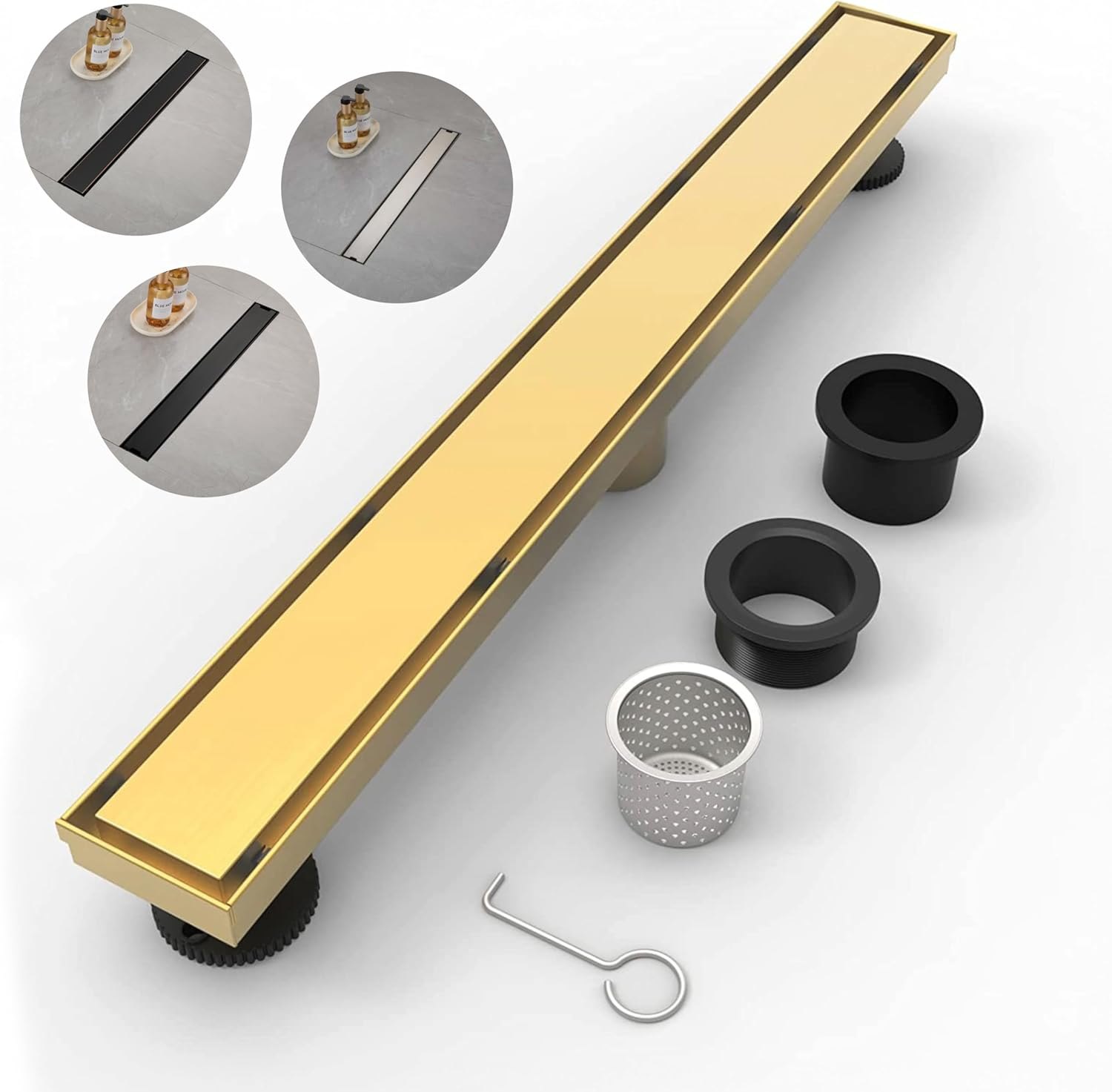 BRUUN 28-inch Gold Brushes Brass Linear Shower Drain with Hair Strainer and Leveling Feet - A 304 Stainless Steel Rectangular and V Shallow profile Super Draining Tool with Removable Tile Insert Grate Gold Brass 28 Inches — photo 2