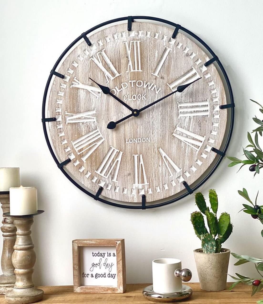24 Inch Large Farmhouse Wall Clock, Rustic Antique Wood with Metal Circle and Large Engraved Numerals, Silent Battery Operated Wall Clock for Office Kitchen Bedroom Living Room — photo 2