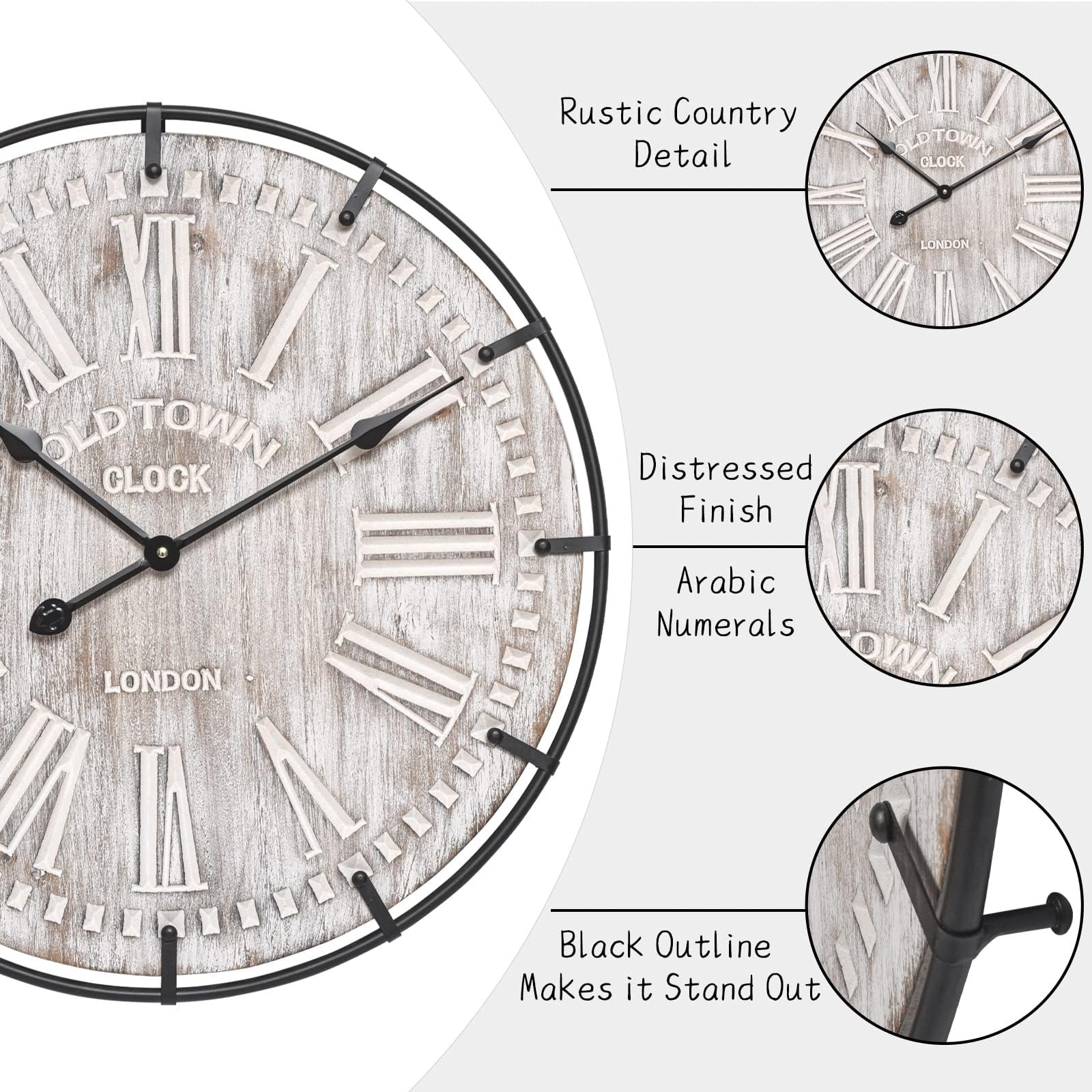 24 Inch Large Farmhouse Wall Clock, Rustic Antique Wood with Metal Circle and Large Engraved Numerals, Silent Battery Operated Wall Clock for Office Kitchen Bedroom Living Room — photo 3