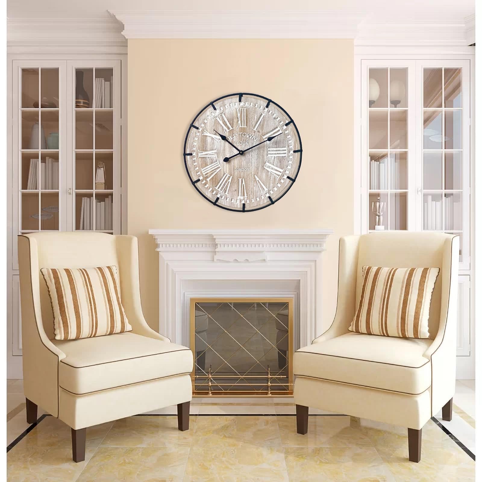 24 Inch Large Farmhouse Wall Clock, Rustic Antique Wood with Metal Circle and Large Engraved Numerals, Silent Battery Operated Wall Clock for Office Kitchen Bedroom Living Room — photo 4