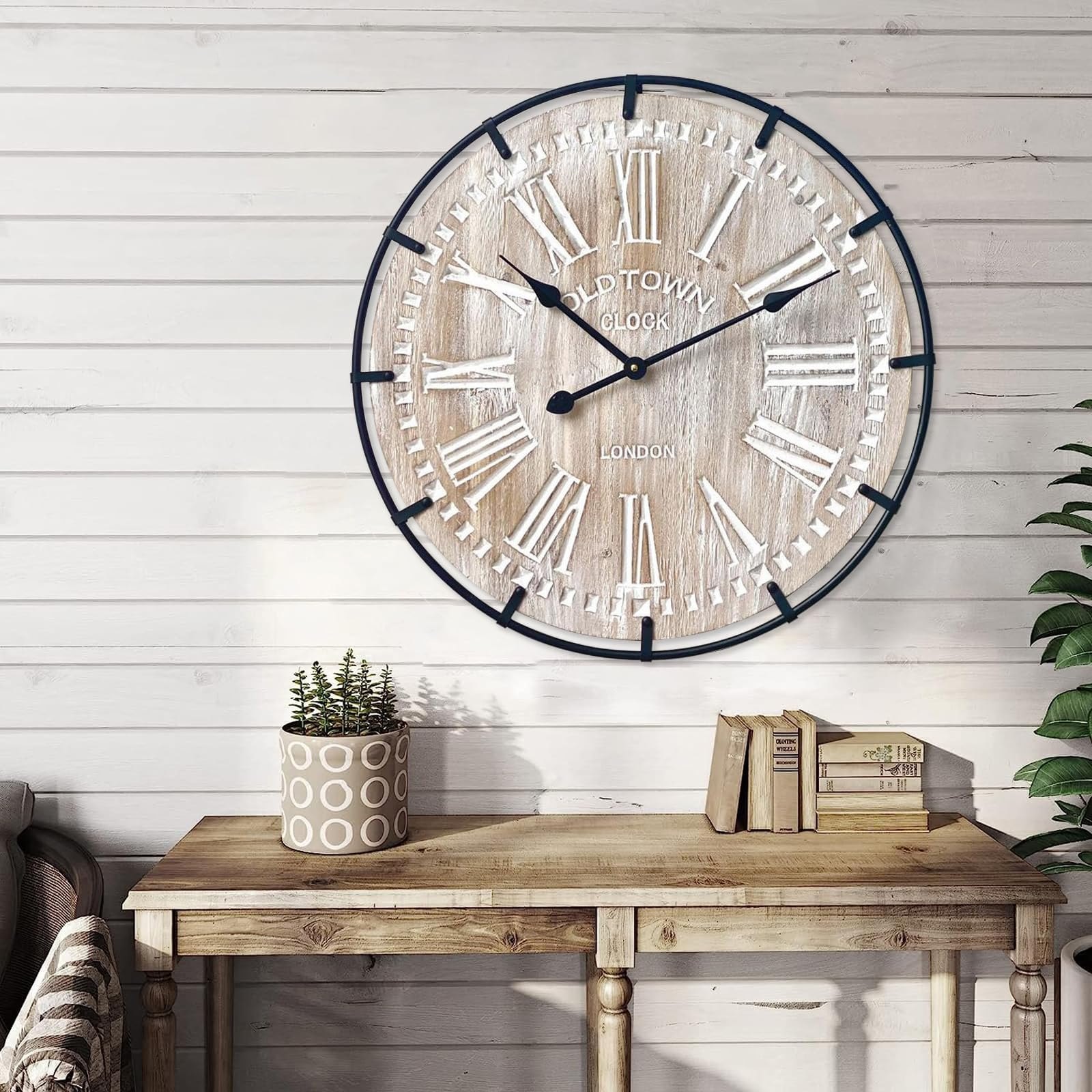 24 Inch Large Farmhouse Wall Clock, Rustic Antique Wood with Metal Circle and Large Engraved Numerals, Silent Battery Operated Wall Clock for Office Kitchen Bedroom Living Room — photo 5