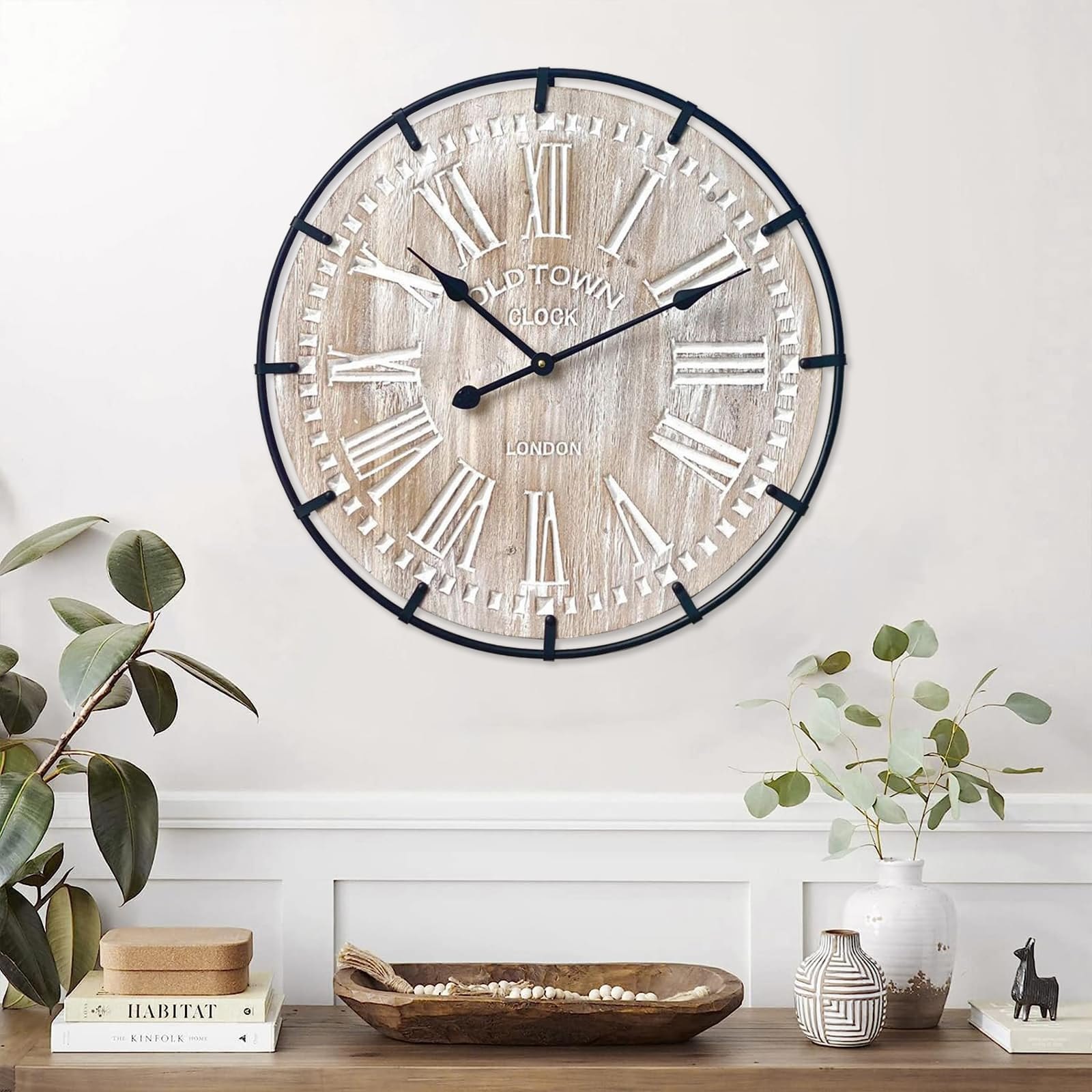 24 Inch Large Farmhouse Wall Clock, Rustic Antique Wood with Metal Circle and Large Engraved Numerals, Silent Battery Operated Wall Clock for Office Kitchen Bedroom Living Room — photo 6