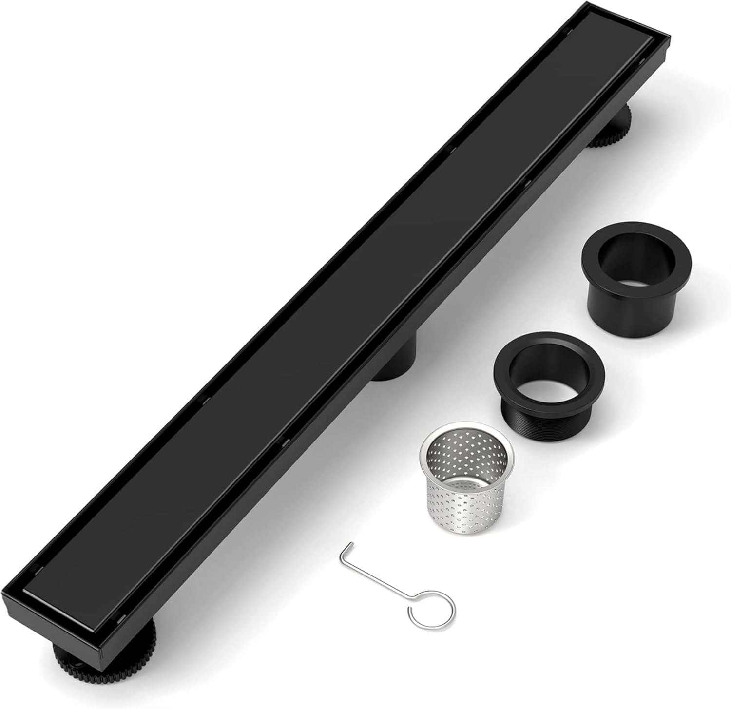 BRÜUN Rectangular Linear Shower Drain- A (24-inch) Matte Black Colored Long Channel 304 Stainless Steel Floor Drain with Removable Square Hole Panel Equipped with Leveling Feet and Hair Strainer Black 24 Inches