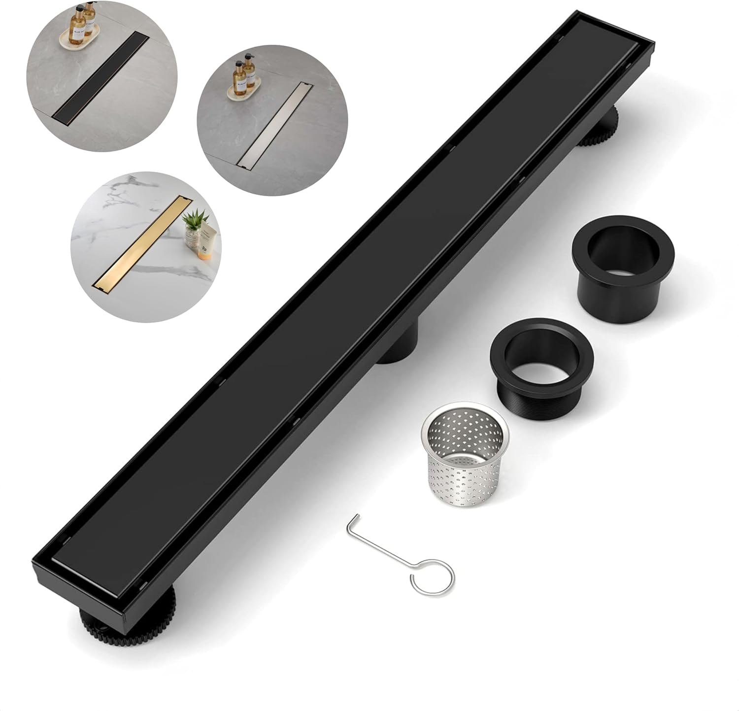 BRÜUN Rectangular Linear Shower Drain- A (24-inch) Matte Black Colored Long Channel 304 Stainless Steel Floor Drain with Removable Square Hole Panel Equipped with Leveling Feet and Hair Strainer Black 24 Inches — photo 2