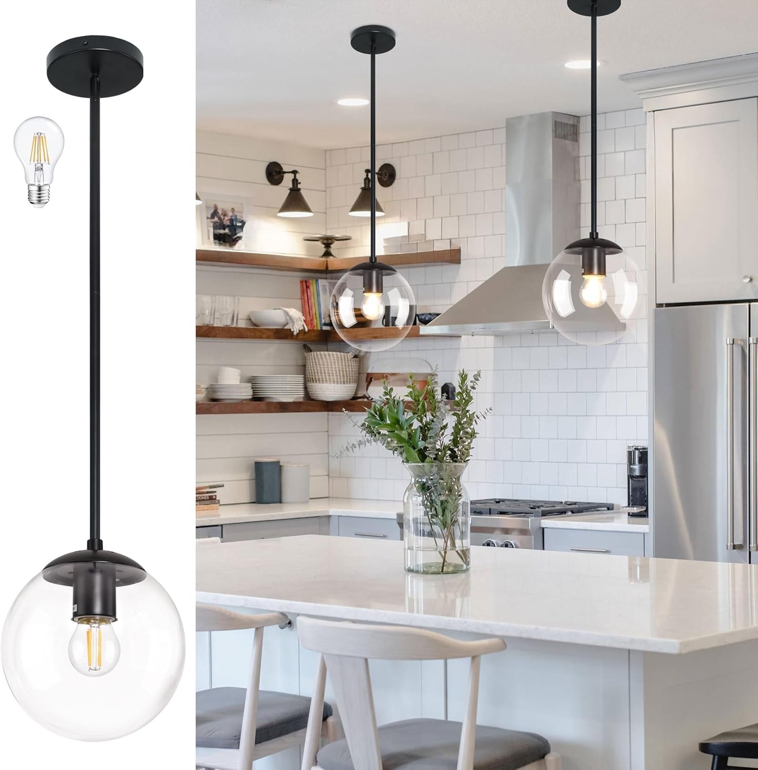 8 Inch Black Mid Century Pendant Light Globe Clear Glass