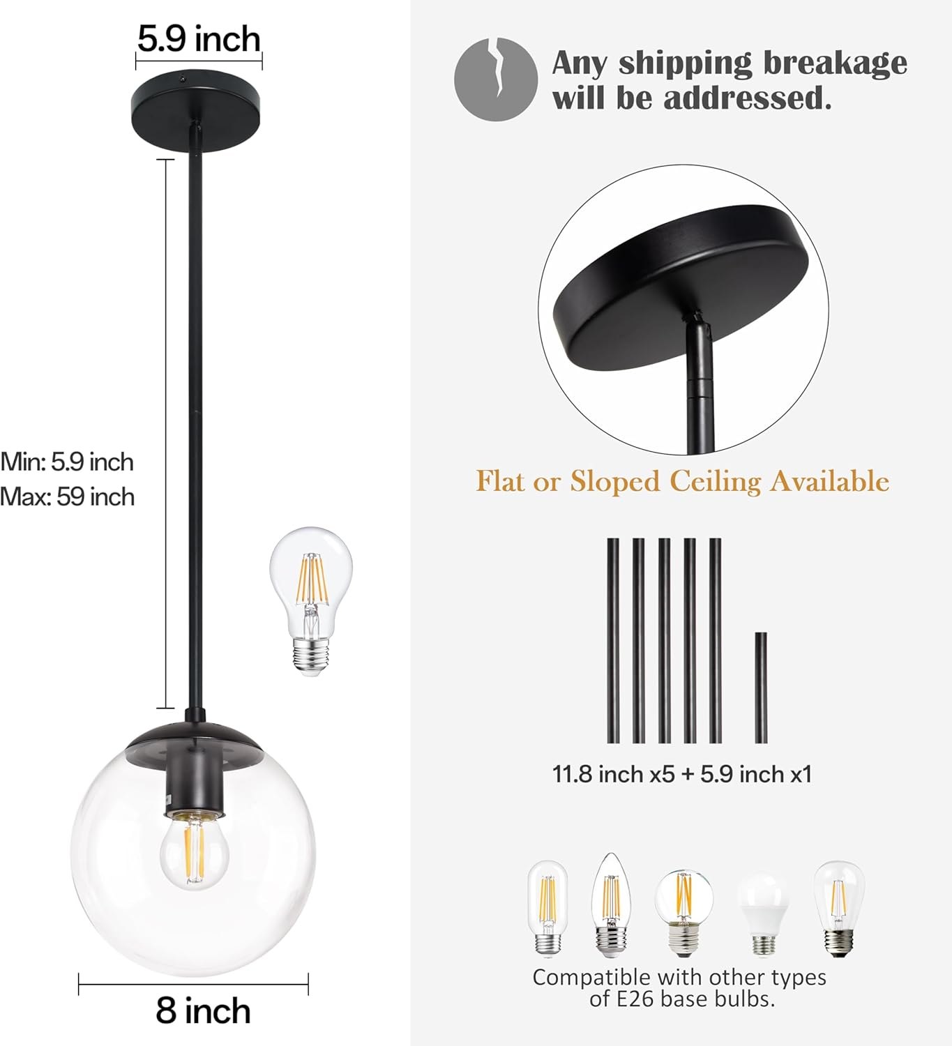 8 Inch Black Mid Century Pendant Light Globe Clear Glass — photo 9