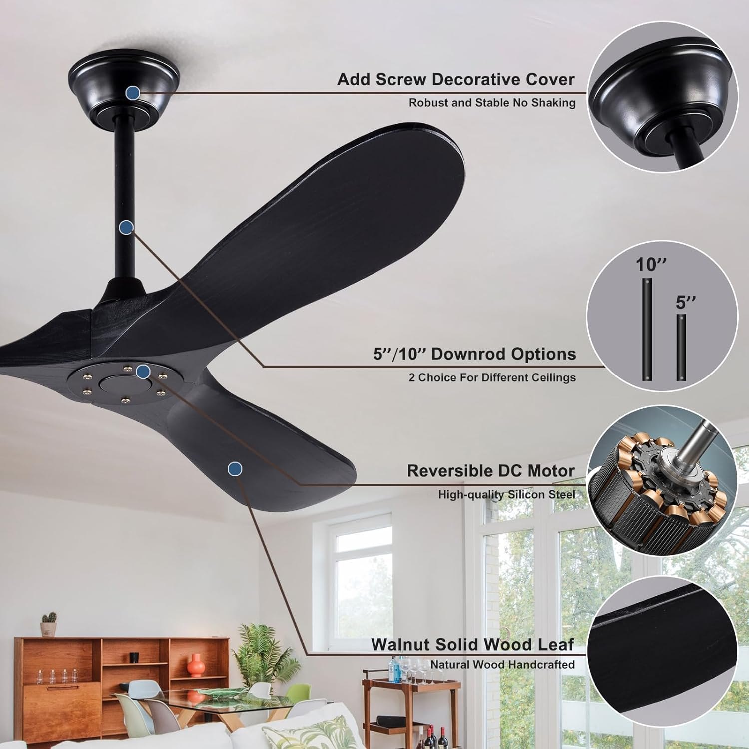 BOOMJOY Black 52 Inch Wood Ceiling Fan — photo 2