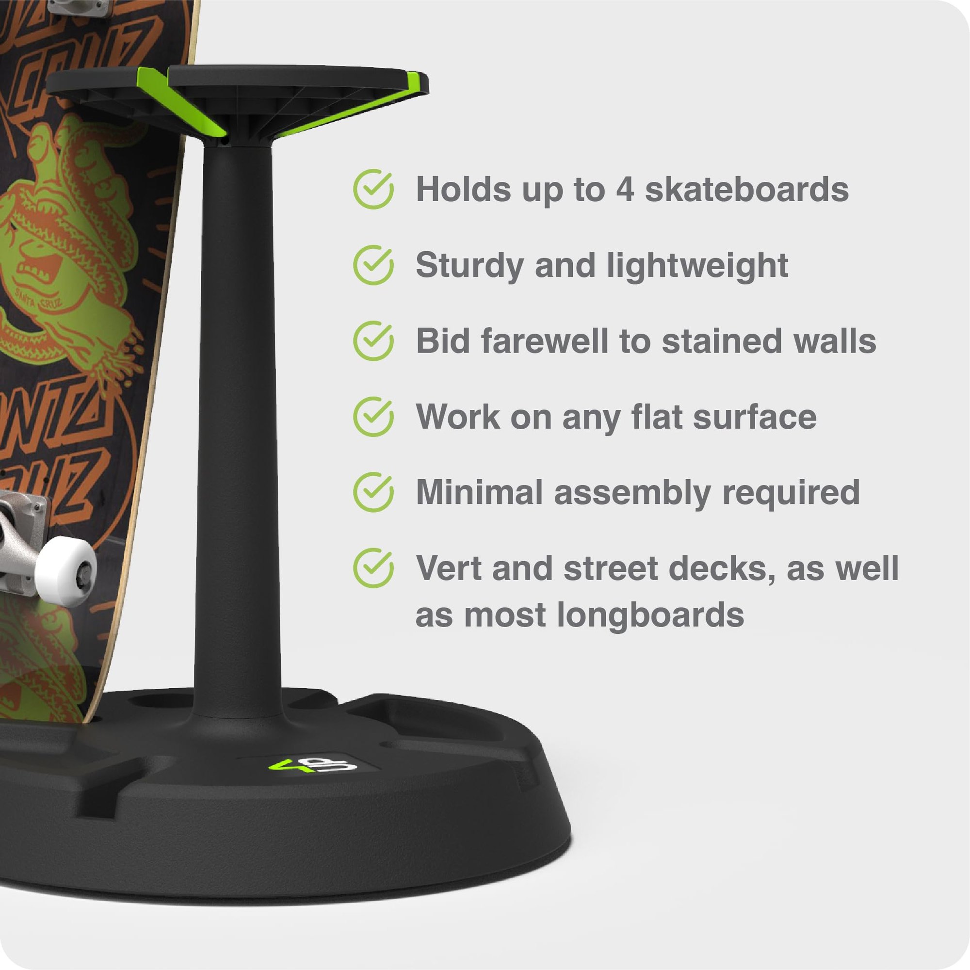 4-Up Skateboard Stand - Compact Floor Rack Holds 4 Deck Longboard, Skate Board Holder Rack, Protects Wall Mount - Skateboard Accessories, Lightweight & Portable - for Display & Storage Item Location: NSH-17-28-04 — photo 5