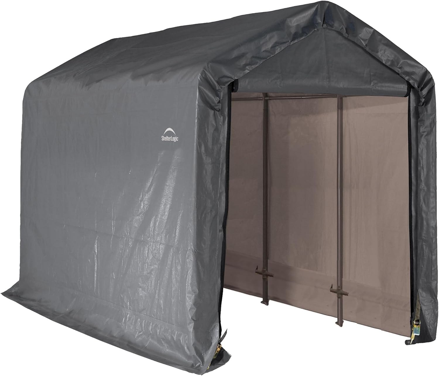 ShelterLogic 6' x 12' Shed-in-a-Box All Season Steel Metal Frame Peak Roof Outdoor Storage Shed with Waterproof Cover and Heavy Duty Reusable Auger Anchors, Grey Gray 6' x 12' x 8' Peak Storage Shed