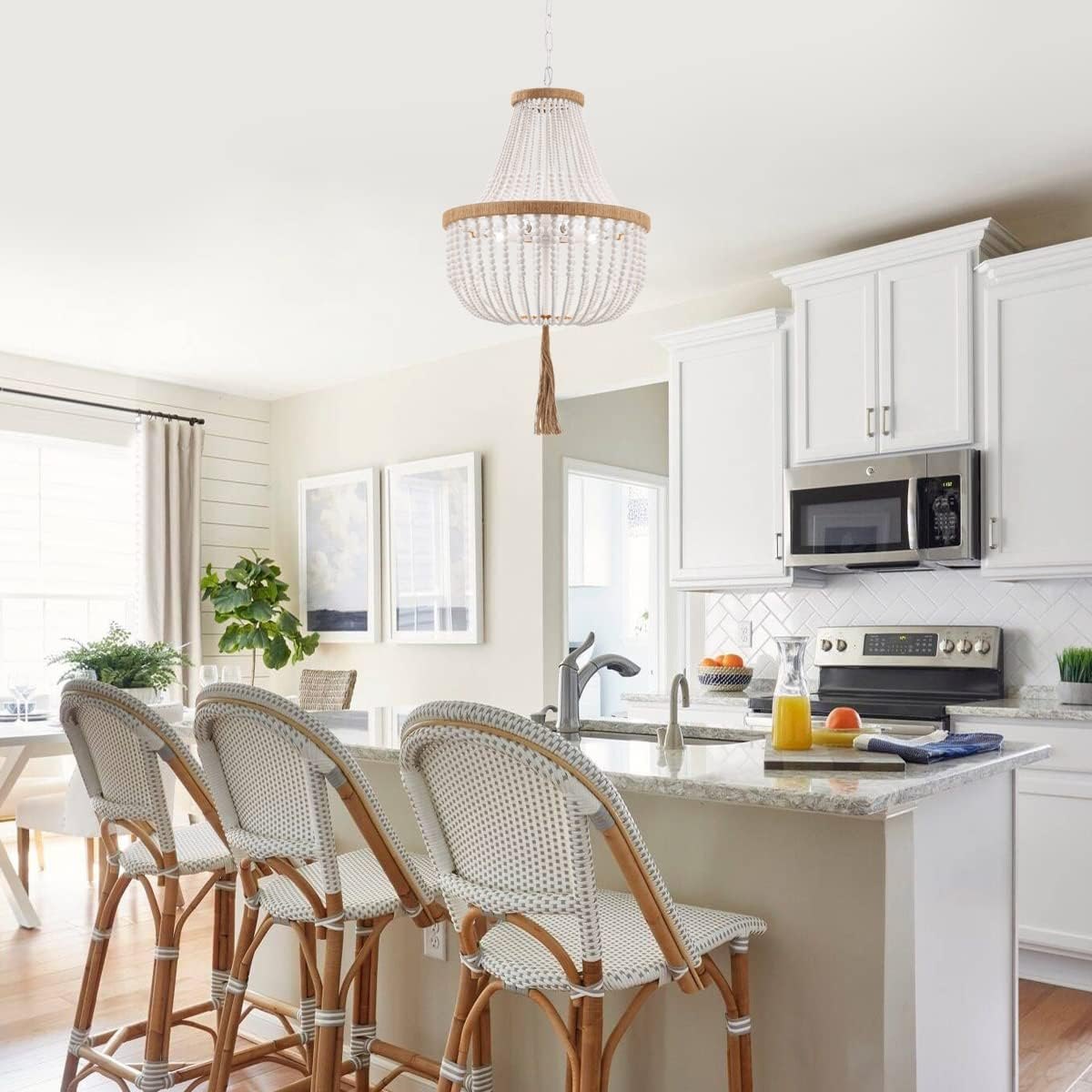 4 Lights Wood Beaded Farmhouse Chandelier with Tassels Bohemia Antique Rustic Pendant Light for Bedroom Kitchen Island Dining Living Room Foyer, White, Dia 17 Inch — photo 2
