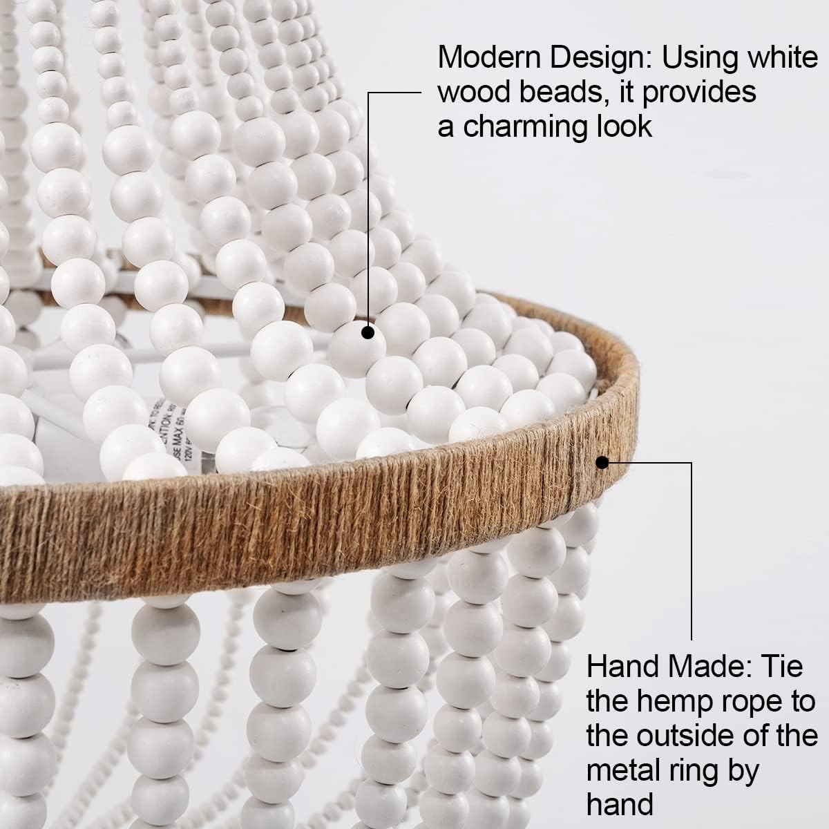 4 Lights Wood Beaded Farmhouse Chandelier with Tassels Bohemia Antique Rustic Pendant Light for Bedroom Kitchen Island Dining Living Room Foyer, White, Dia 17 Inch — photo 5