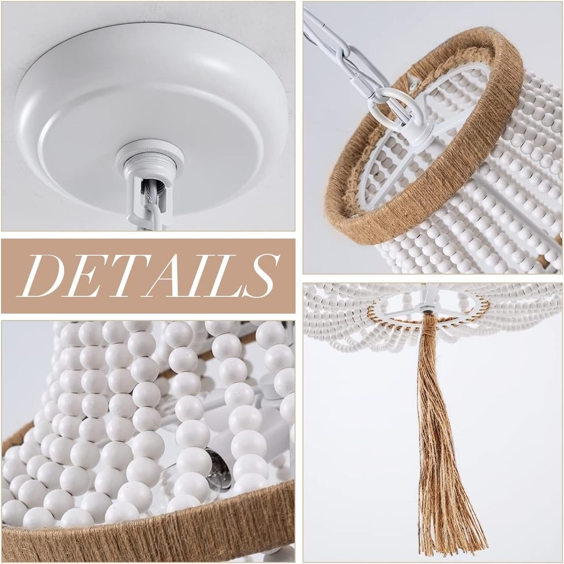 4 Lights Wood Beaded Farmhouse Chandelier with Tassels Bohemia Antique Rustic Pendant Light for Bedroom Kitchen Island Dining Living Room Foyer, White, Dia 17 Inch — photo 6