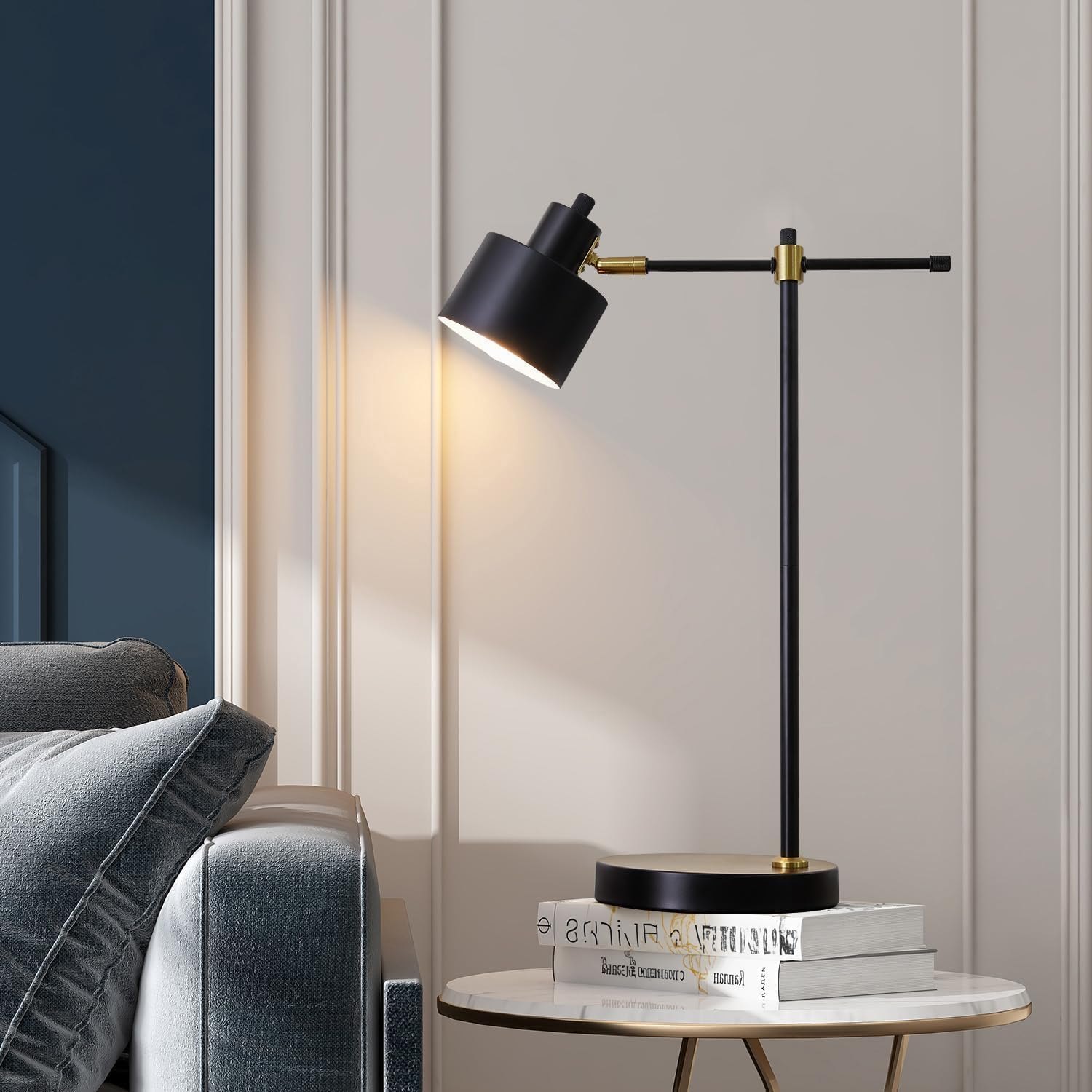 OYEARS Modern Industrial Desk Lamp for Reading LED 22.2“ Metal Table Lamp Light for Office Bedroom Study Room Living Room Nightstand Bedside Lamps Gold and Matte Black Accent (Black, Bulb Included) Black-N