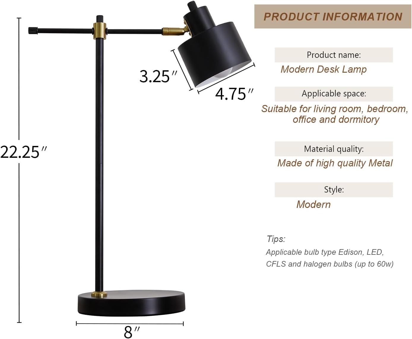OYEARS Modern Industrial Desk Lamp for Reading LED 22.2“ Metal Table Lamp Light for Office Bedroom Study Room Living Room Nightstand Bedside Lamps Gold and Matte Black Accent (Black, Bulb Included) Black-N — photo 2