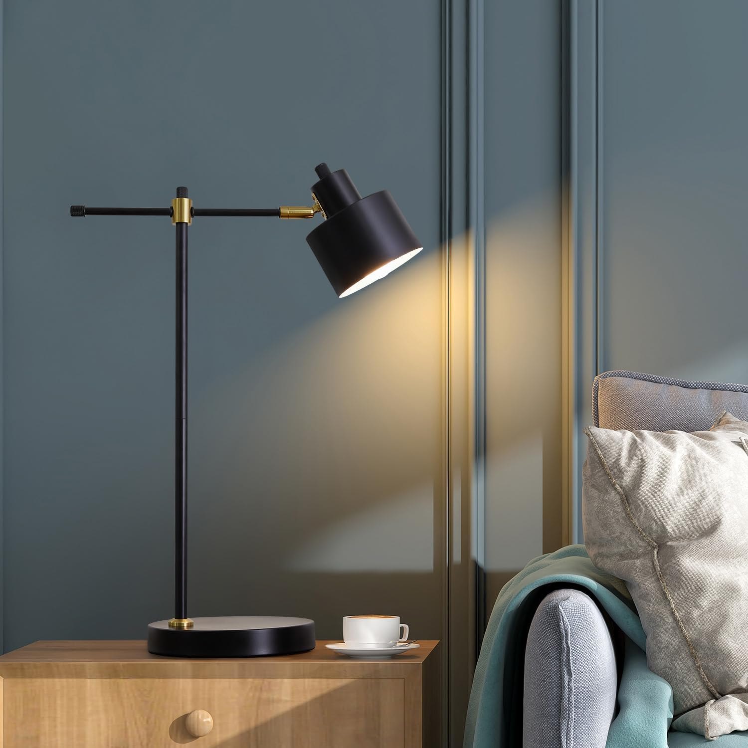 OYEARS Modern Industrial Desk Lamp for Reading LED 22.2“ Metal Table Lamp Light for Office Bedroom Study Room Living Room Nightstand Bedside Lamps Gold and Matte Black Accent (Black, Bulb Included) Black-N — photo 4
