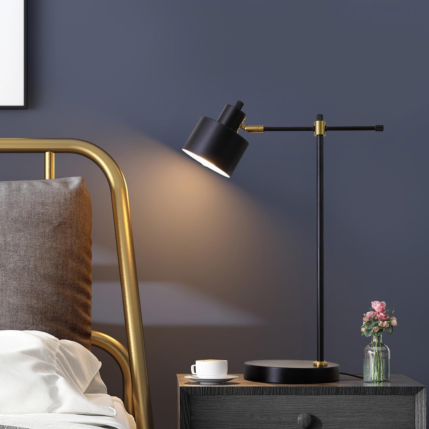 OYEARS Modern Industrial Desk Lamp for Reading LED 22.2“ Metal Table Lamp Light for Office Bedroom Study Room Living Room Nightstand Bedside Lamps Gold and Matte Black Accent (Black, Bulb Included) Black-N — photo 5
